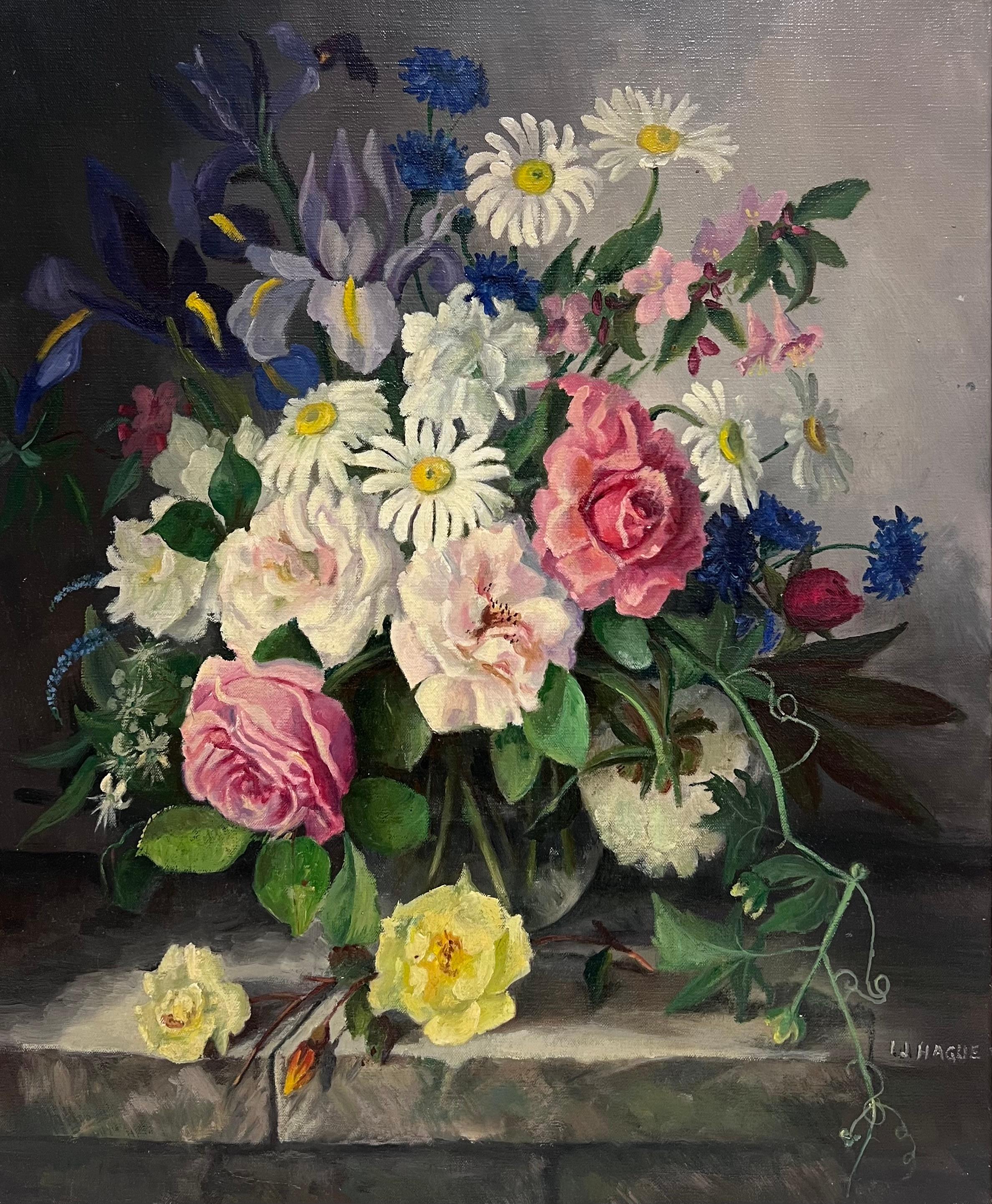 British Mid 20th Century Still Life Roses Ornate Display Signed Oil Painting - Black Interior Painting by 1950's English School