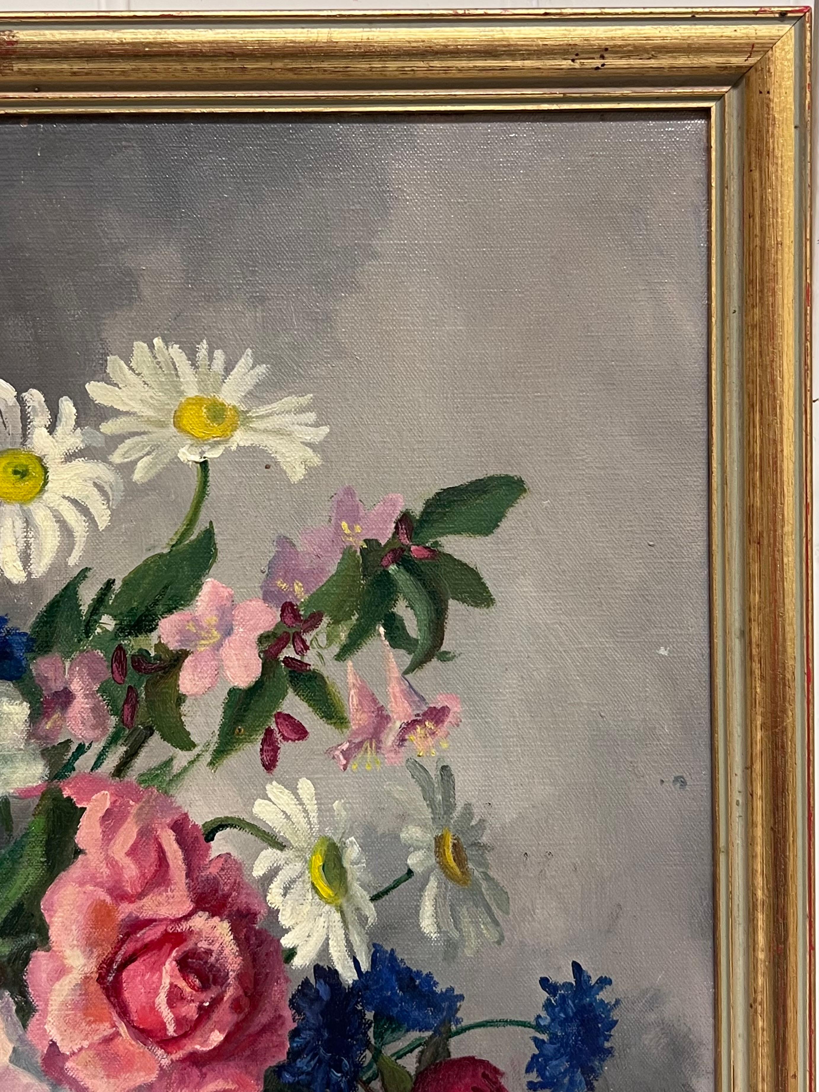 British Mid 20th Century Still Life Roses Ornate Display Signed Oil Painting For Sale 1