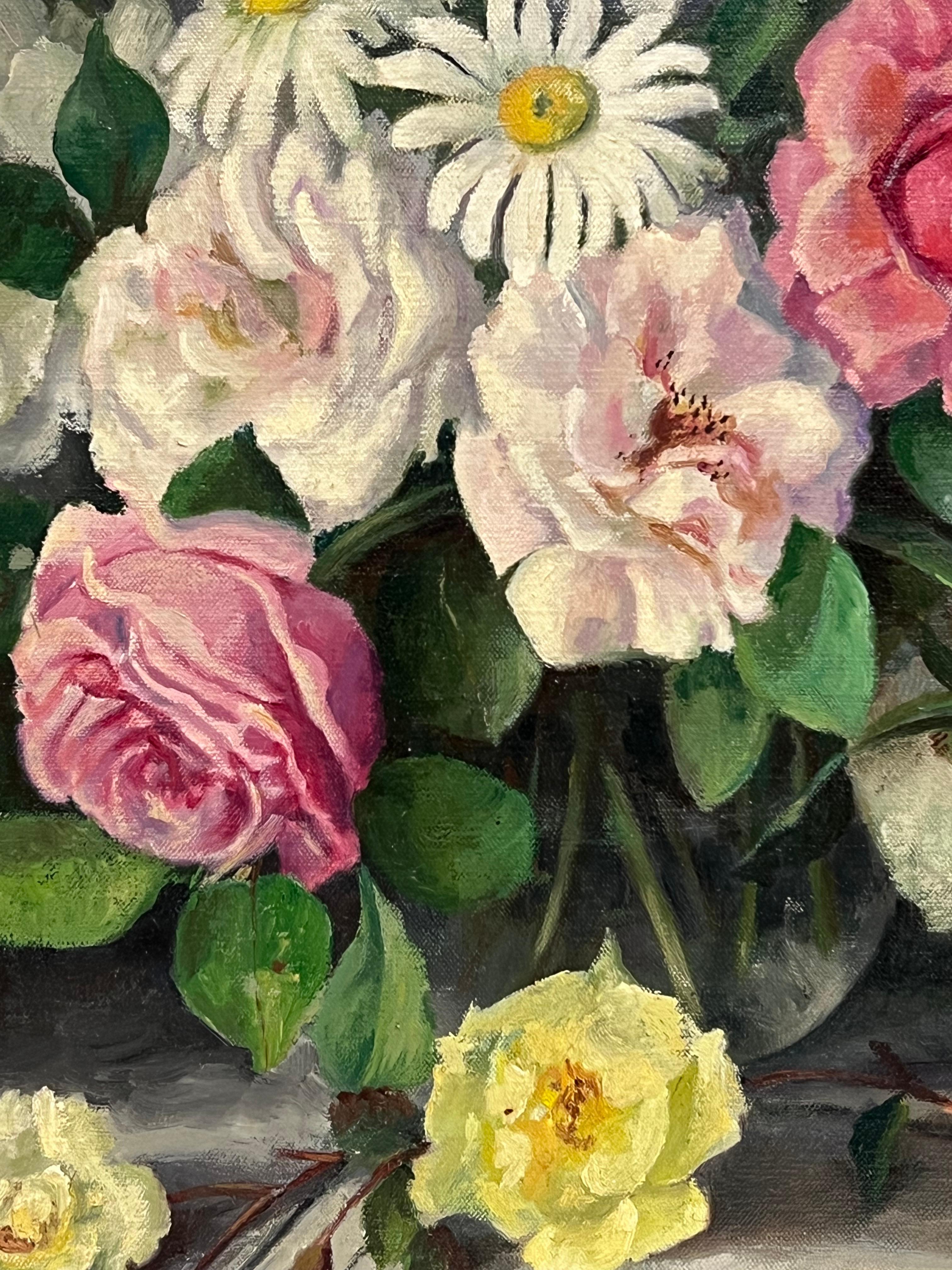 British Mid 20th Century Still Life Roses Ornate Display Signed Oil Painting For Sale 2