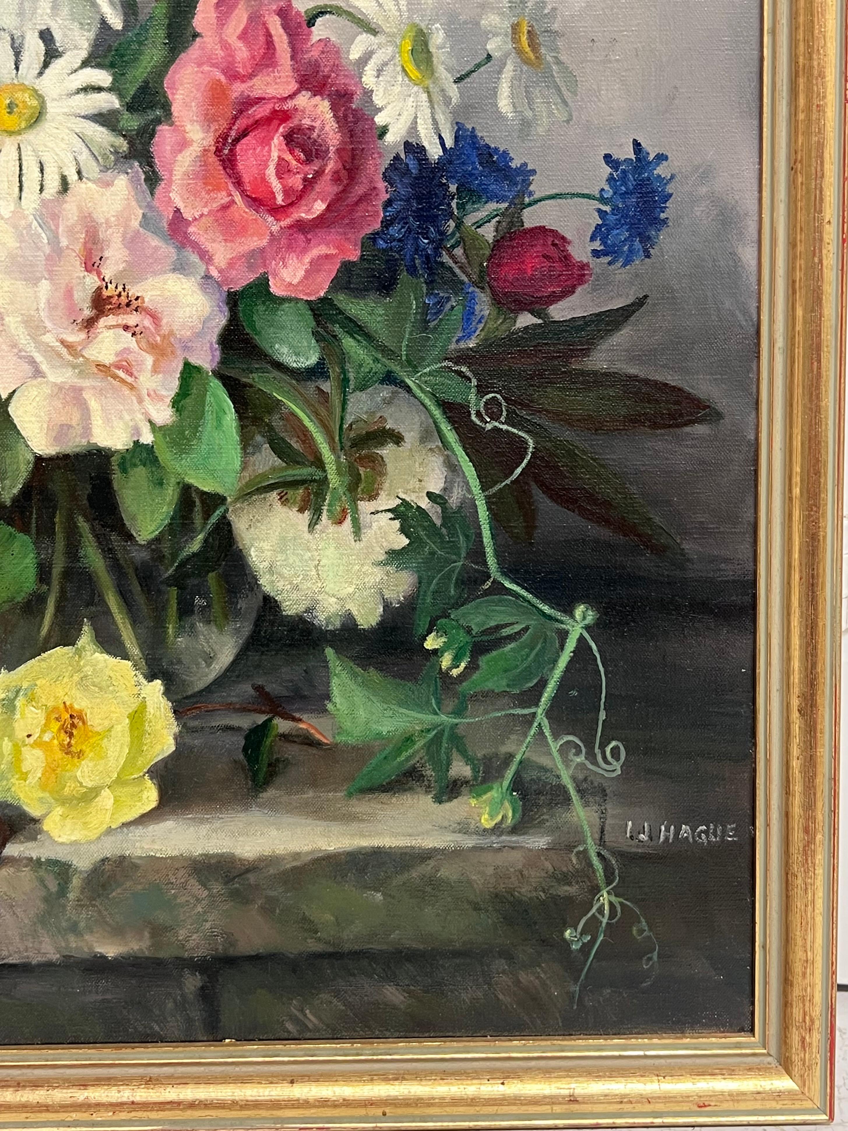 British Mid 20th Century Still Life Roses Ornate Display Signed Oil Painting For Sale 5