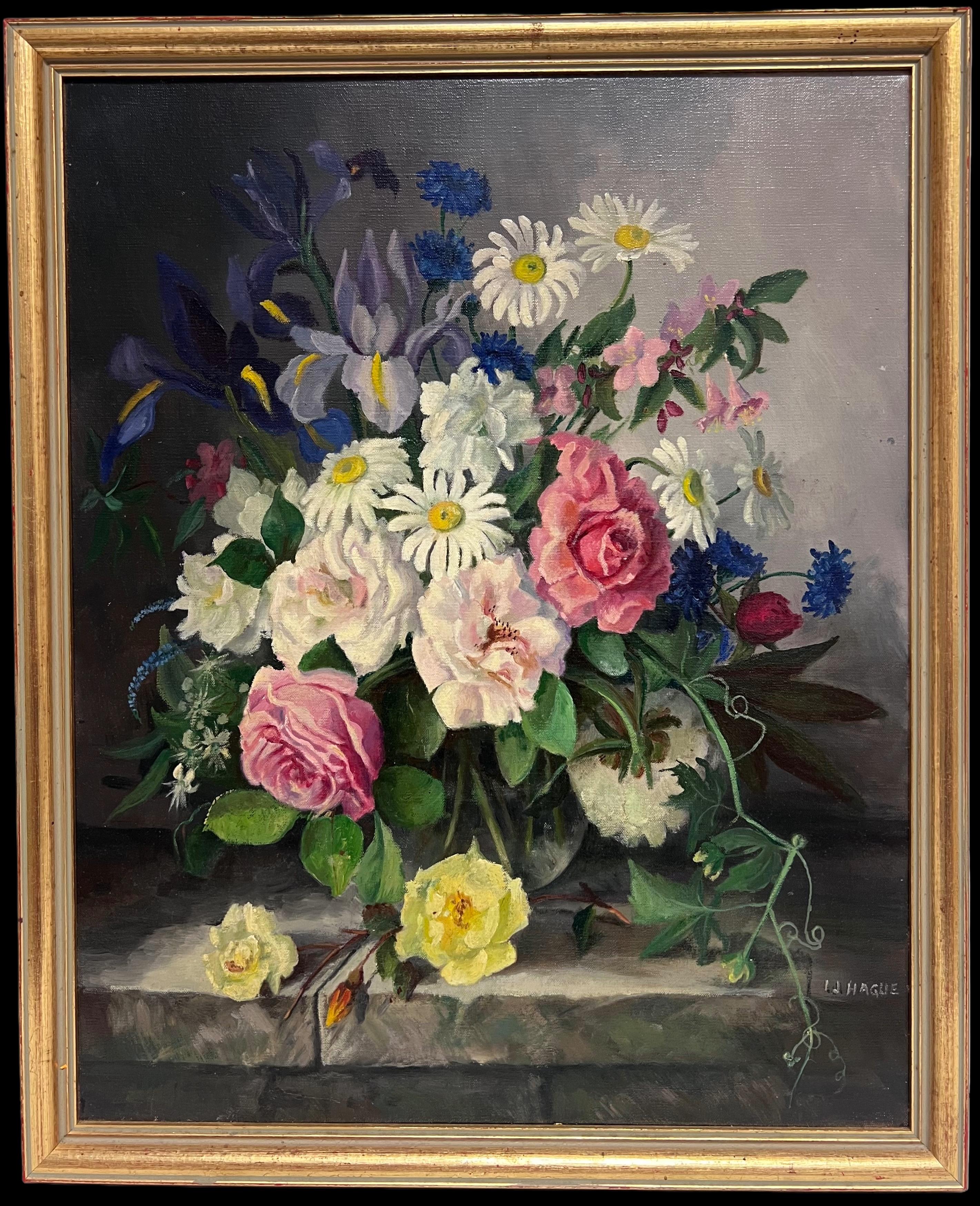 1950's English School Interior Painting - British Mid 20th Century Still Life Roses Ornate Display Signed Oil Painting
