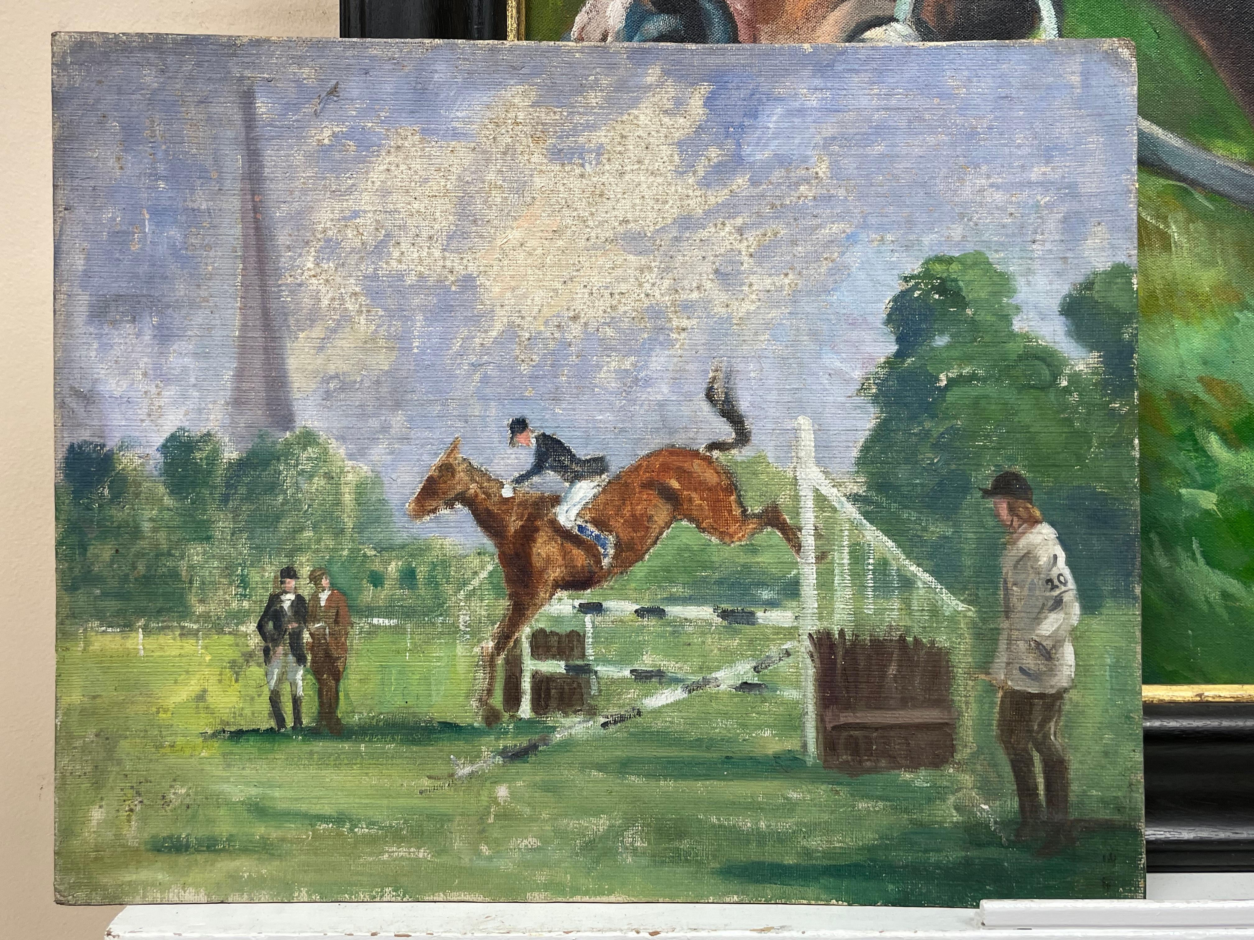 English Mid Century Oil The Horse Show Jumping Event Gymkhana with Judges  - Painting by 1950's English School