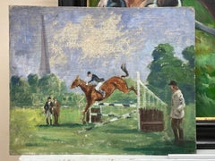 English Mid Century Oil The Horse Show Jumping Event Gymkhana with Judges