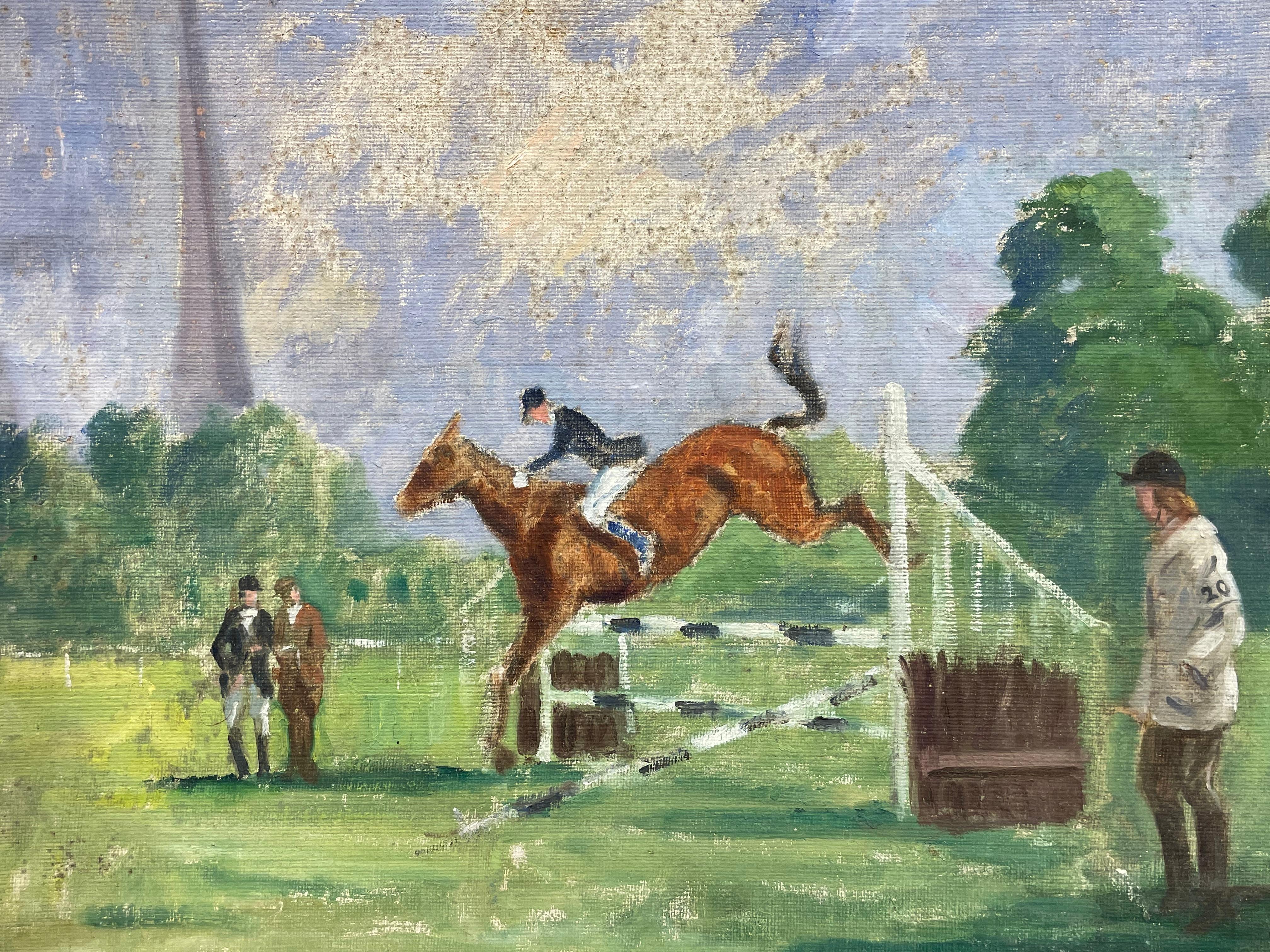 1950's English School Animal Painting - English Mid Century Oil The Horse Show Jumping Event Gymkhana with Judges 