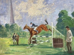 English Mid Century Oil The Horse Show Jumping Event Gymkhana with Judges 