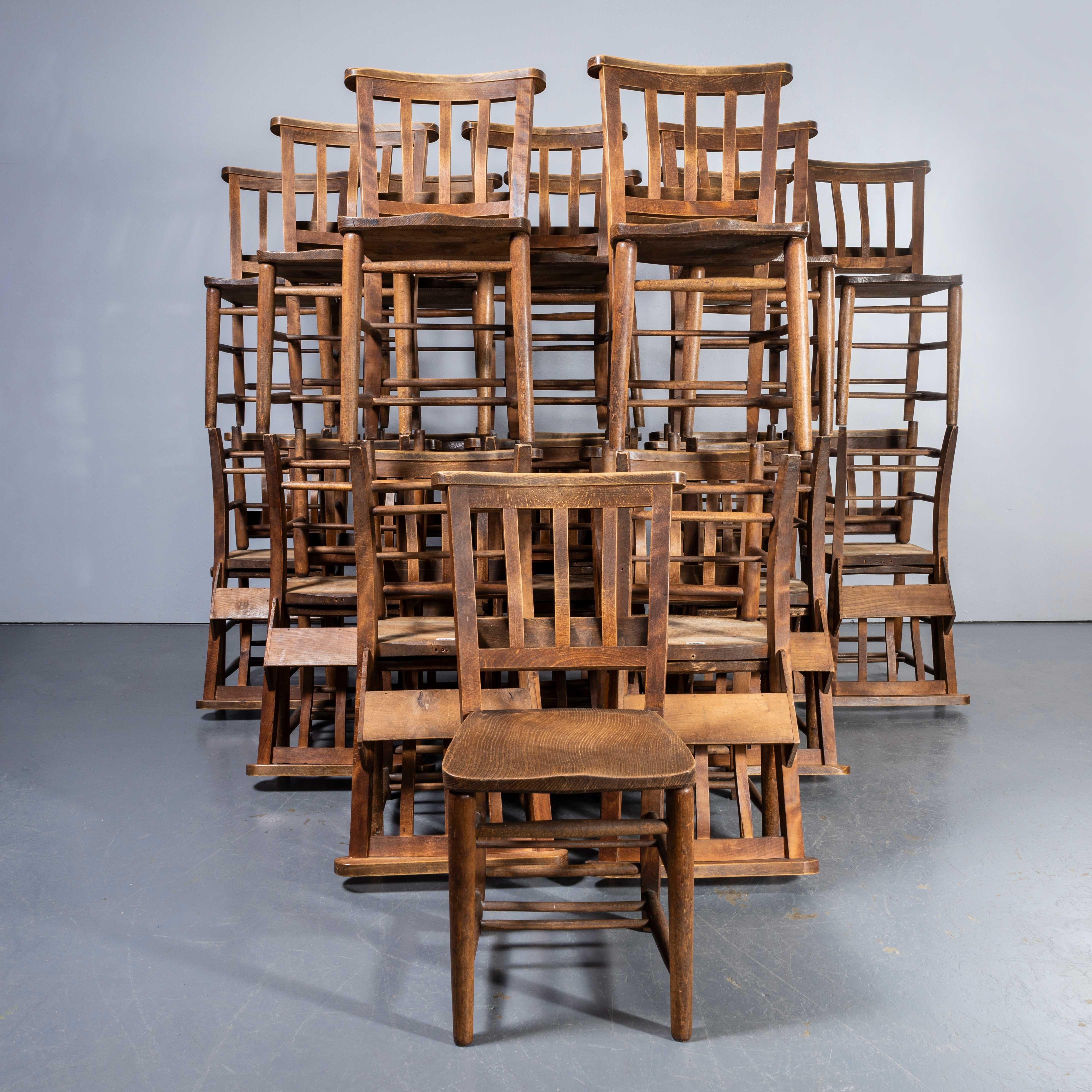 1950's English Slatted Back Church Dining Chairs - Good Quantity Available. 
England has a wonderfully rich heritage for making chairs. At the height of production at the turn of the last century over 4500 chairs were being produced daily in the
