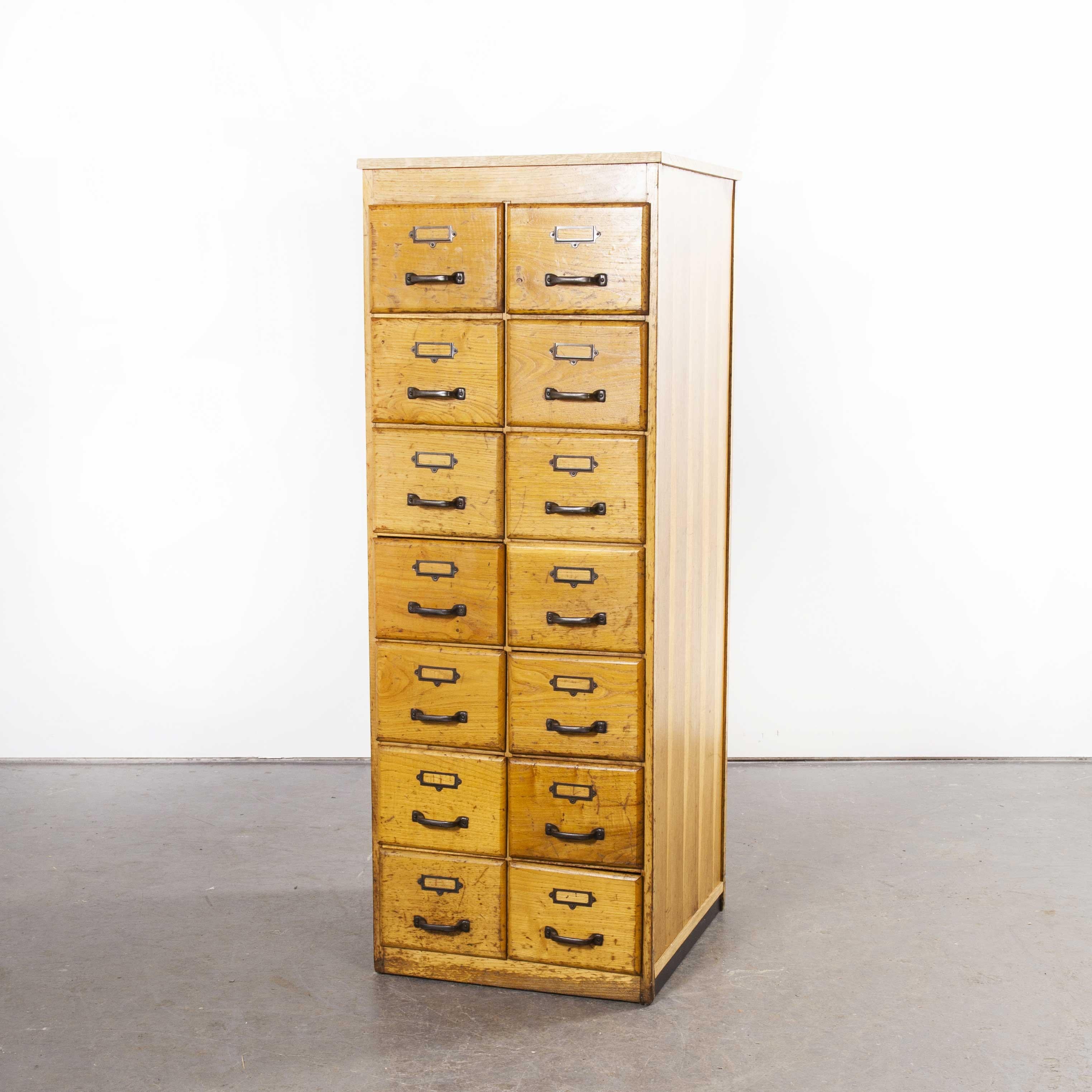 1950s English Tall Slim Oak Multi Drawer Chest of Drawers, Fourteen Drawers 1