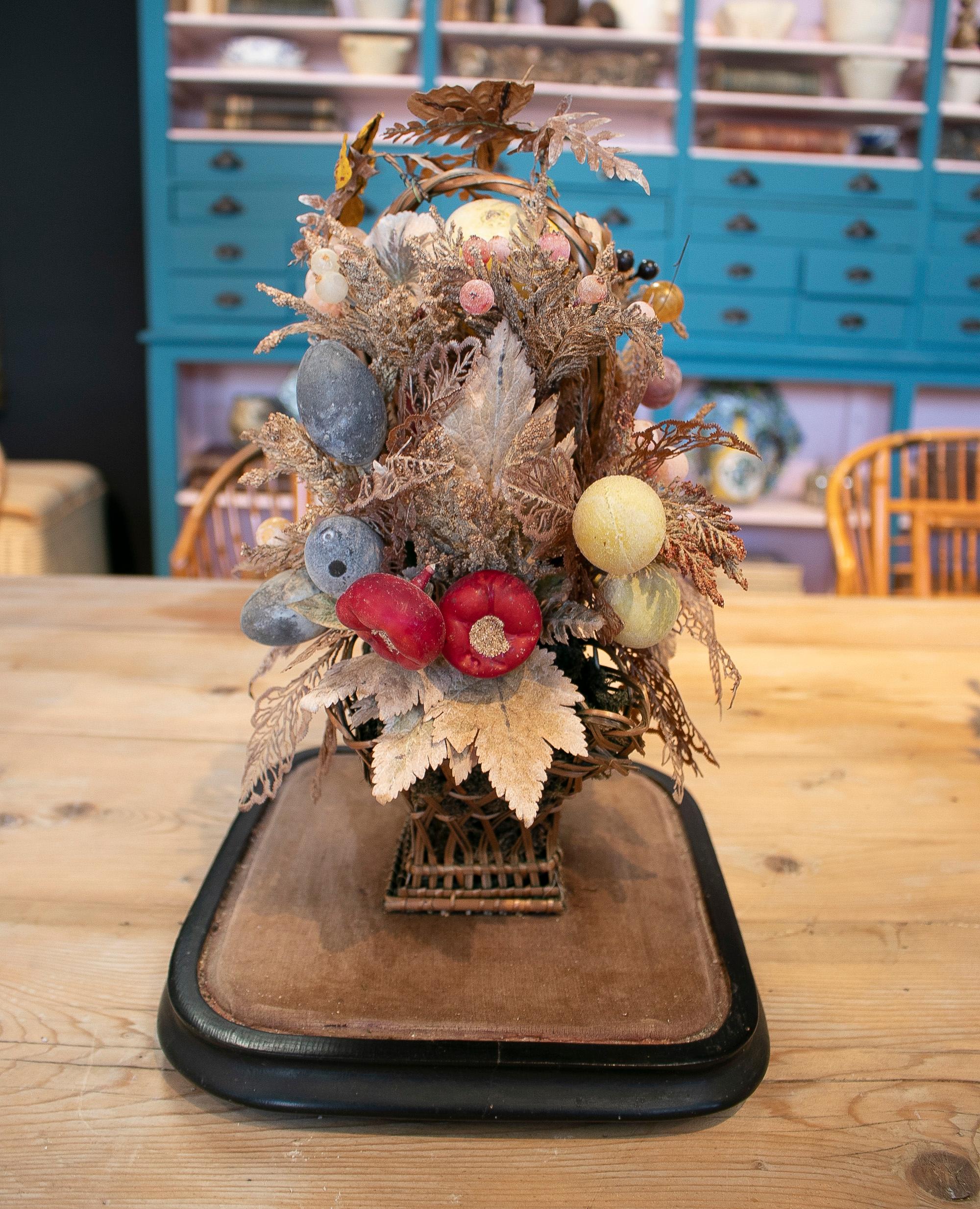 1950s English Victorian Woven Wicker & Plastic Basket w/ Flower Bouquet in Dome 1