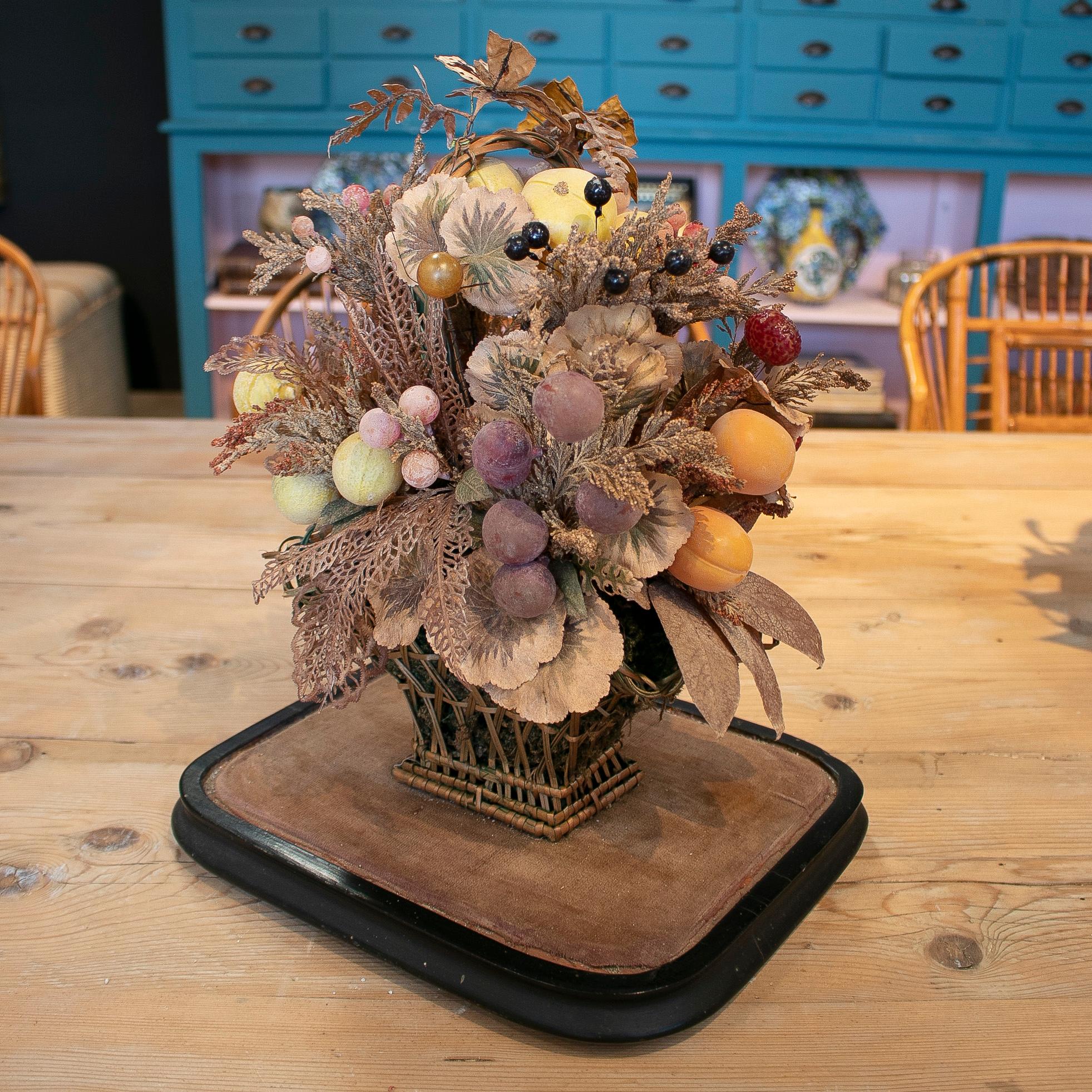 1950s English Victorian Woven Wicker & Plastic Basket w/ Flower Bouquet in Dome 2