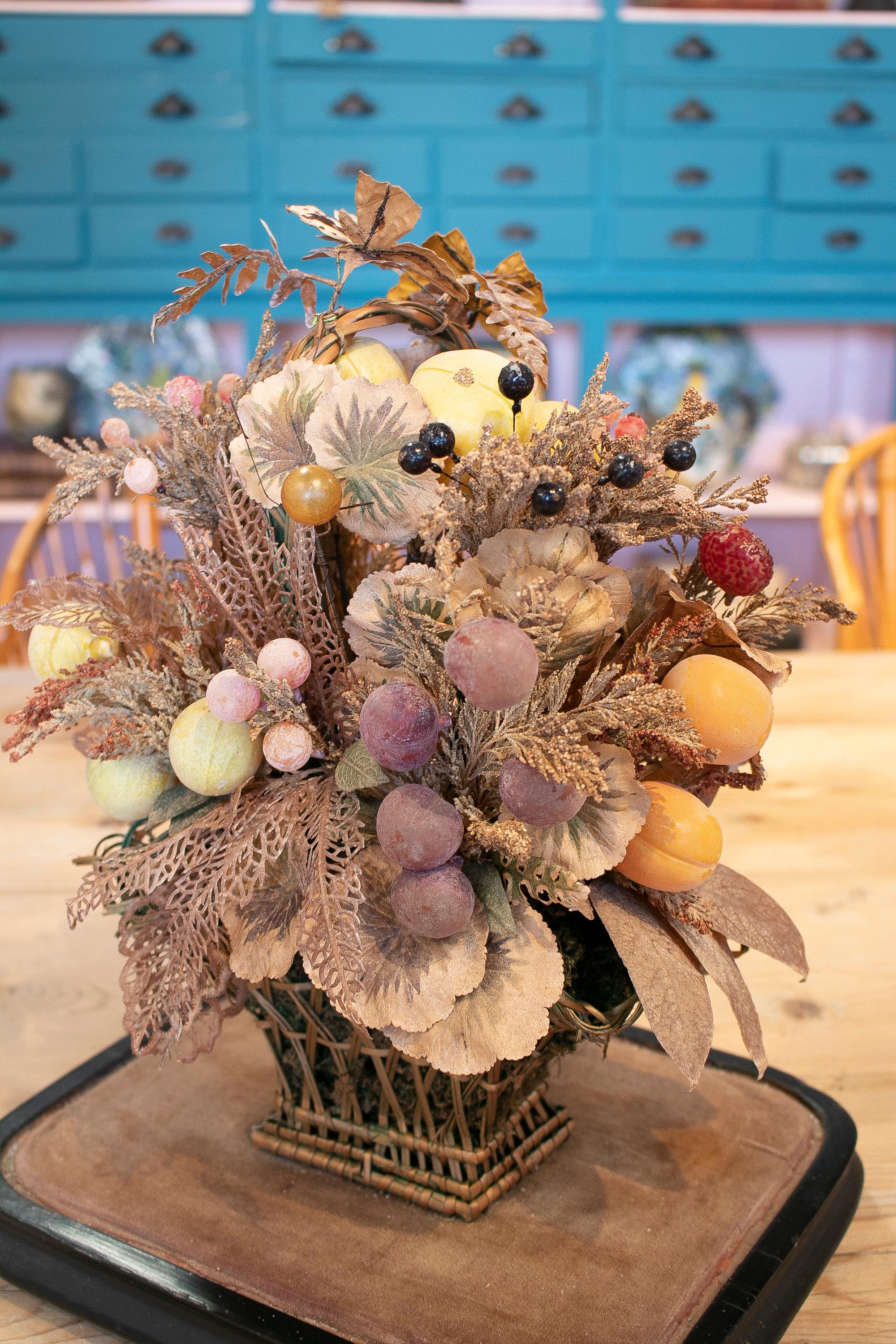 1950s English Victorian Woven Wicker & Plastic Basket w/ Flower Bouquet in Dome 5