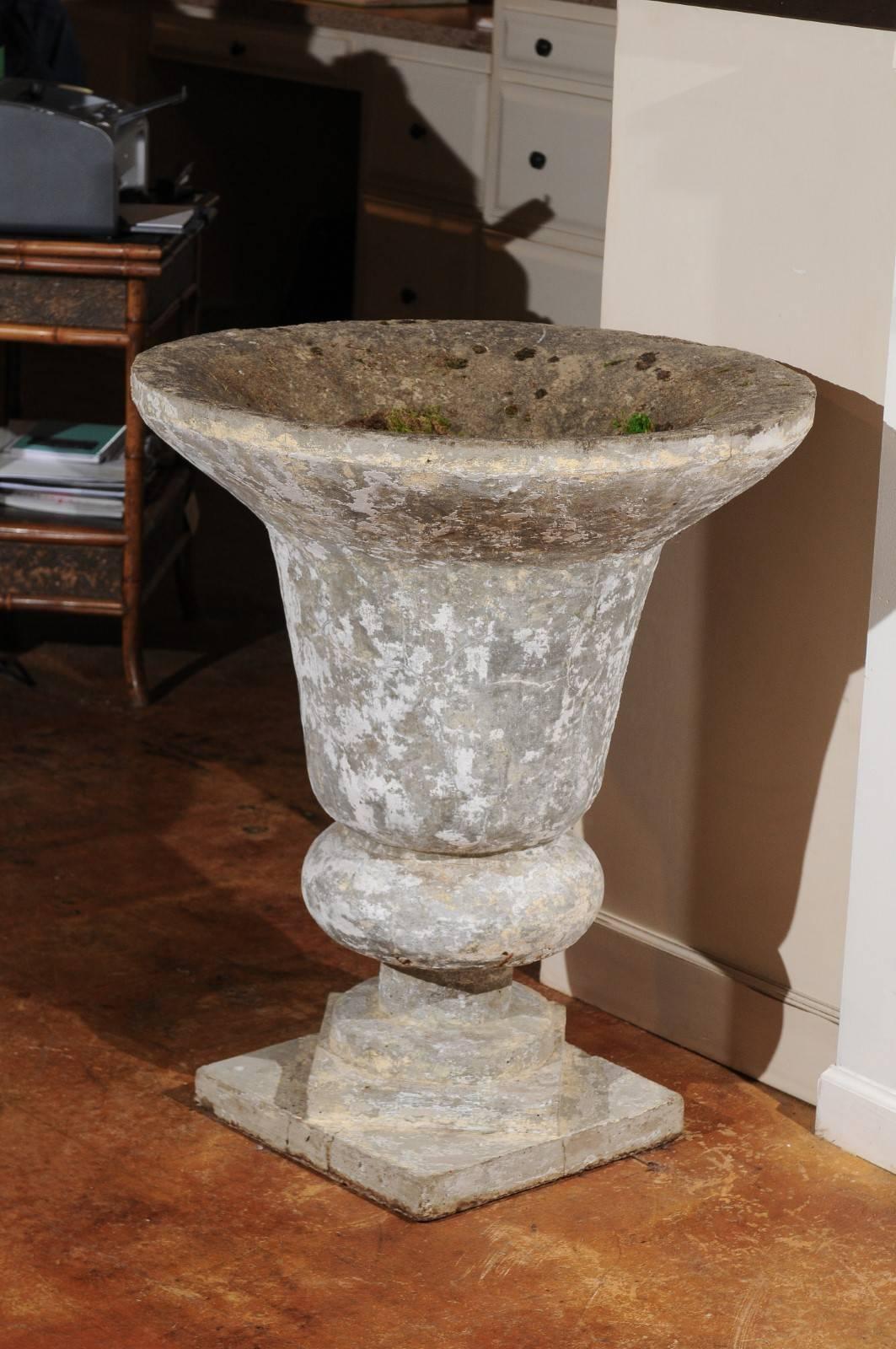 Mid-Century Modern 1950s English Vintage Stone Inverted Bell-Shaped Urn with Catty-Corner Bases