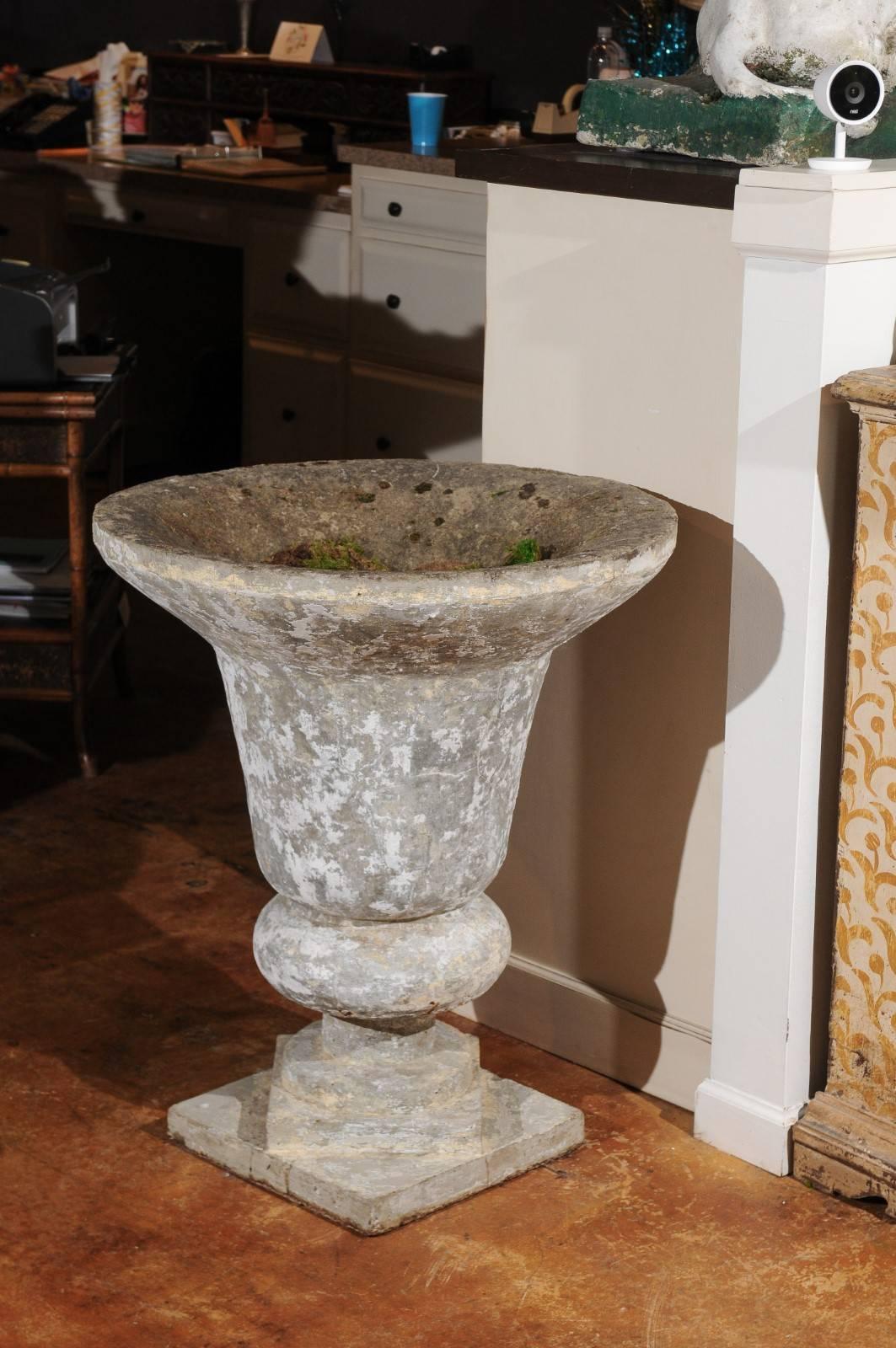 1950s English Vintage Stone Inverted Bell-Shaped Urn with Catty-Corner Bases In Good Condition In Atlanta, GA