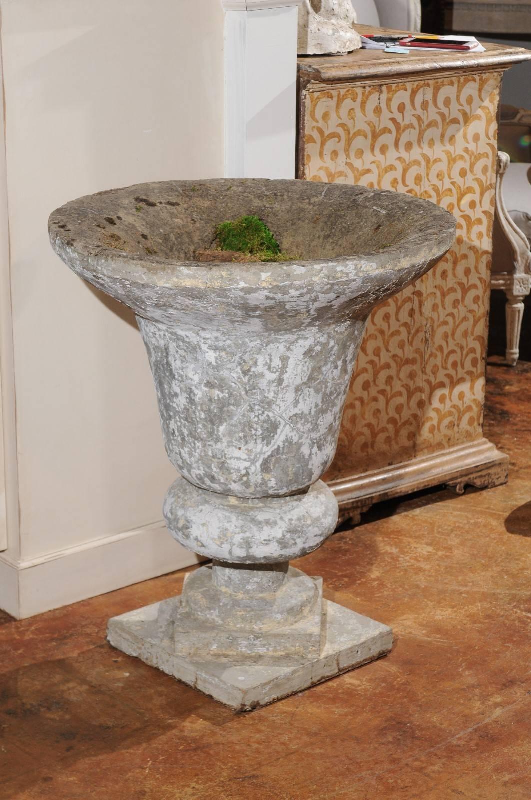 20th Century 1950s English Vintage Stone Inverted Bell-Shaped Urn with Catty-Corner Bases