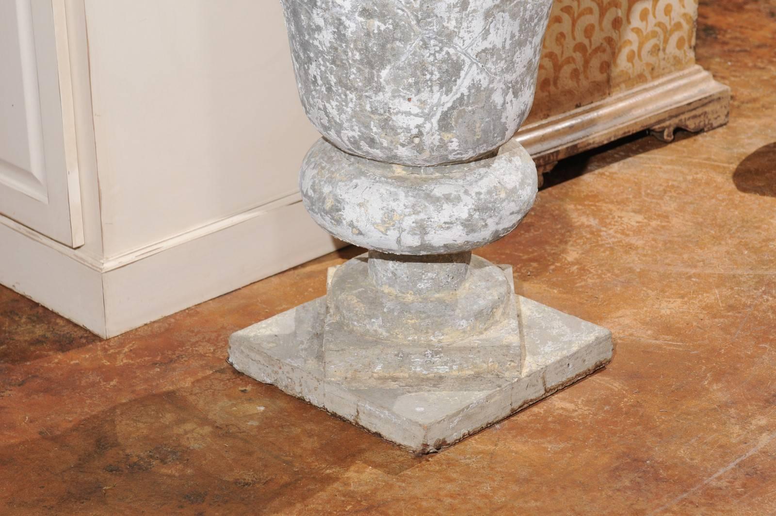 1950s English Vintage Stone Inverted Bell-Shaped Urn with Catty-Corner Bases 2