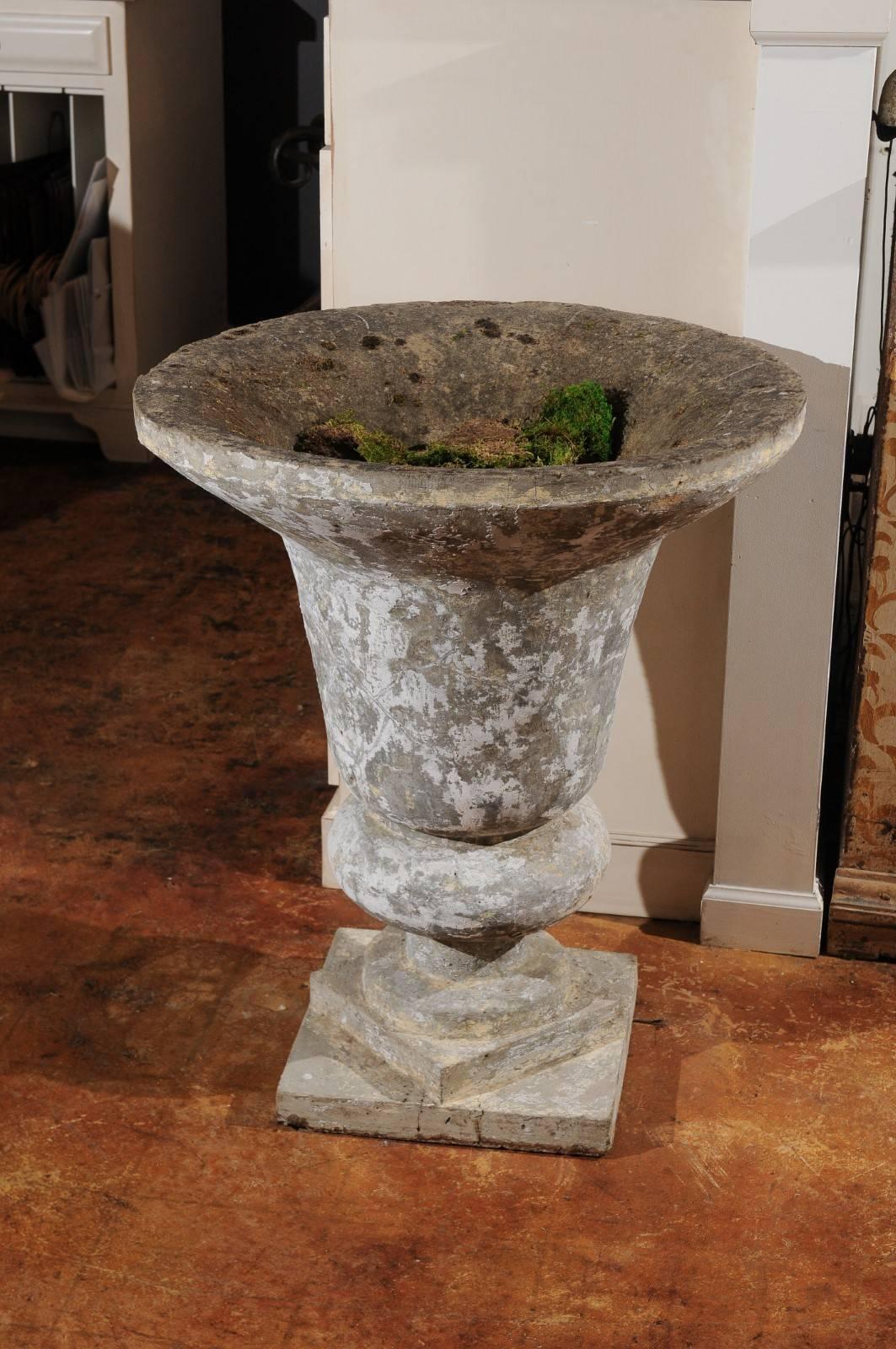 1950s English Vintage Stone Inverted Bell-Shaped Urn with Catty-Corner Bases 3