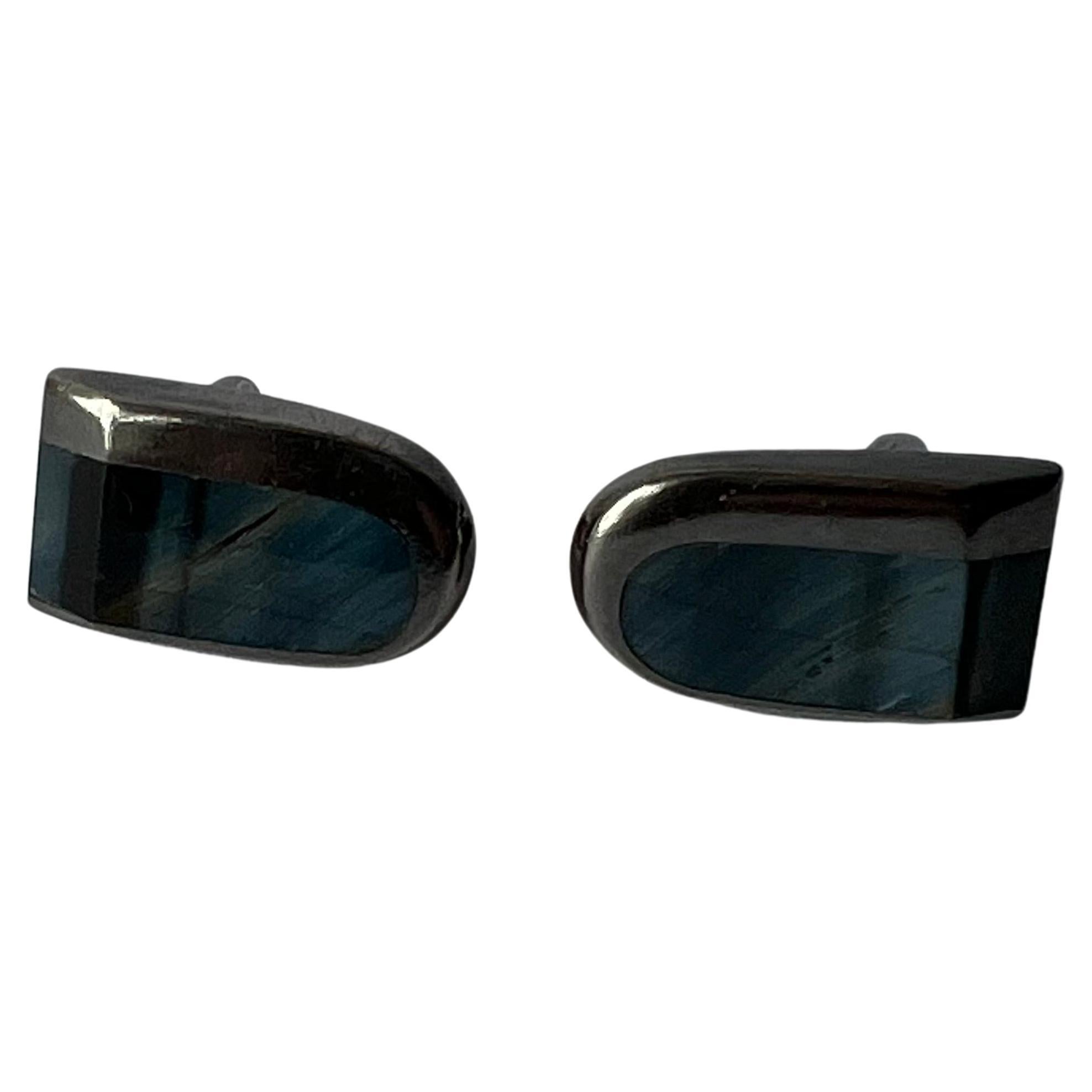 1950s Enrique Ledesma Sterling Silver Obsidian Modernist Cufflinks Tie Clip Set In Good Condition In Palm Springs, CA