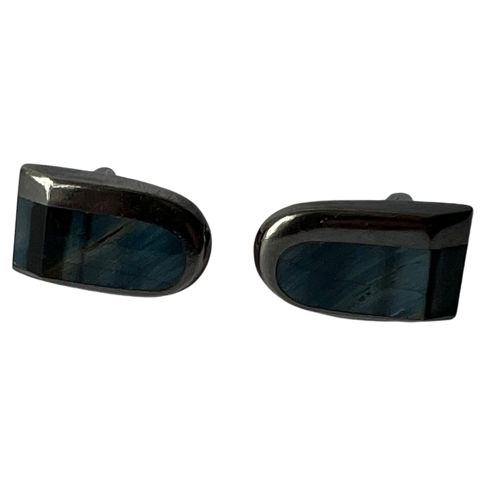 Men's 1950s Enrique Ledesma Sterling Silver Obsidian Modernist Cufflinks Tie Clip Set For Sale