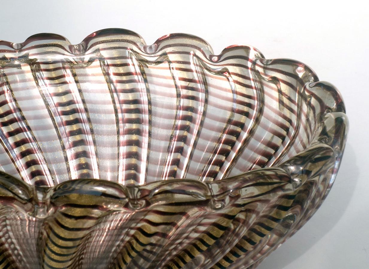 Italian 1950s Ercole Barovier Zebrati Glass Murano Midcentury Design Italy Bowl Vase For Sale