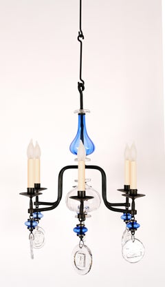 1950s Erik Hoglund Six Arm Blue Glass Chandelier