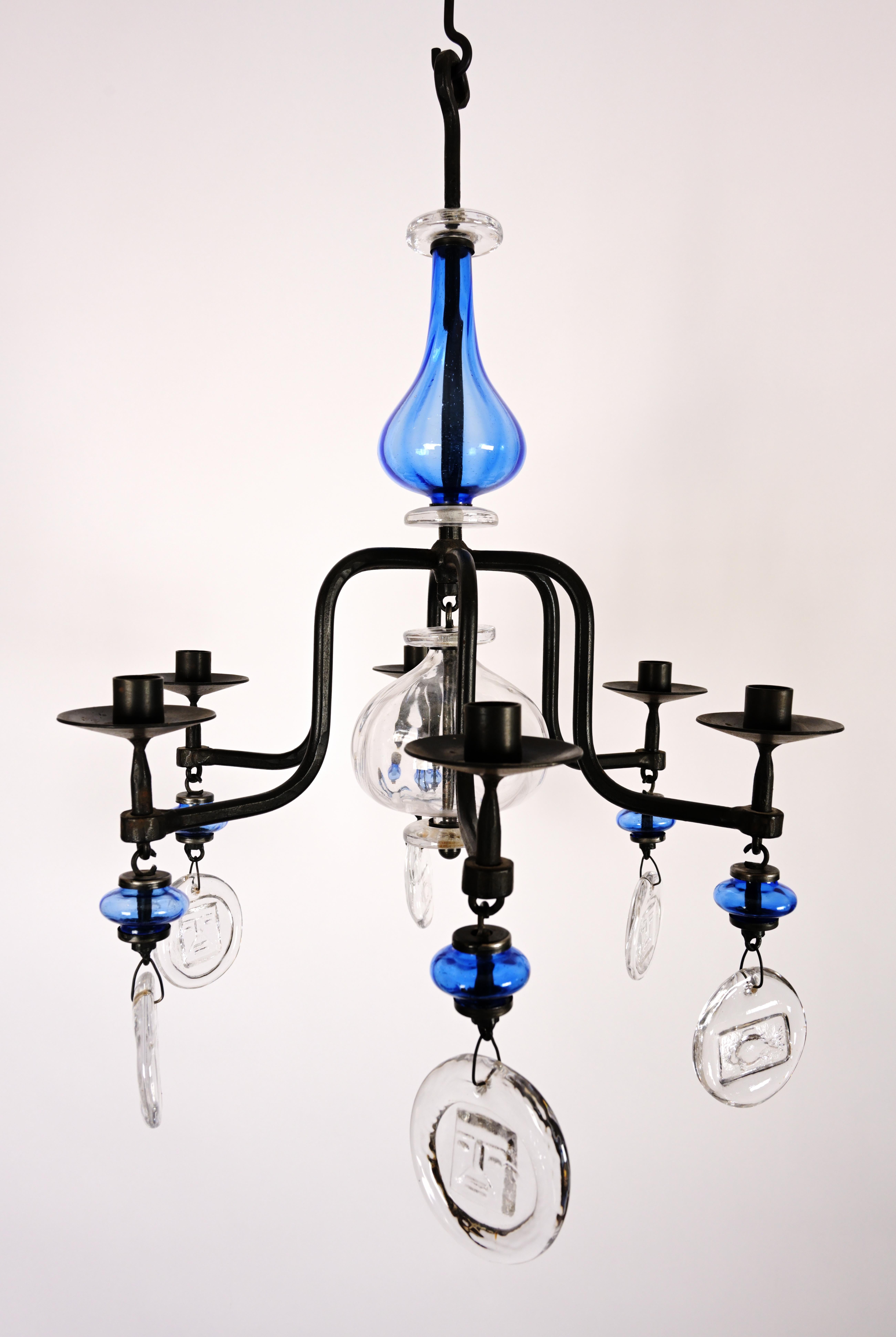 1950s Erik Hoglund Six Arm Blue Glass Chandelier In Good Condition For Sale In New York, NY