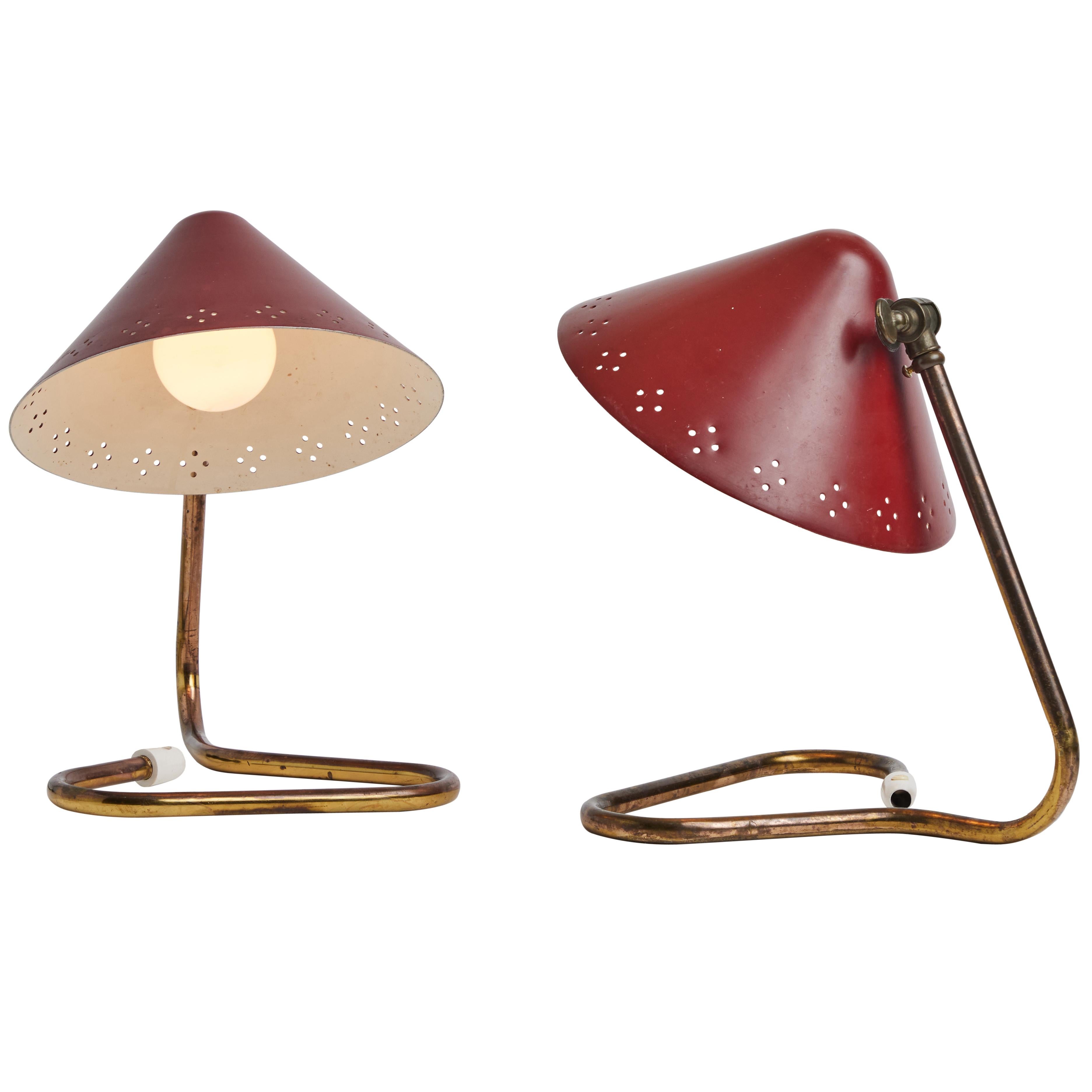 Painted 1950s Erik Warna 'GK14' Red Perforated Shade Table Lamps