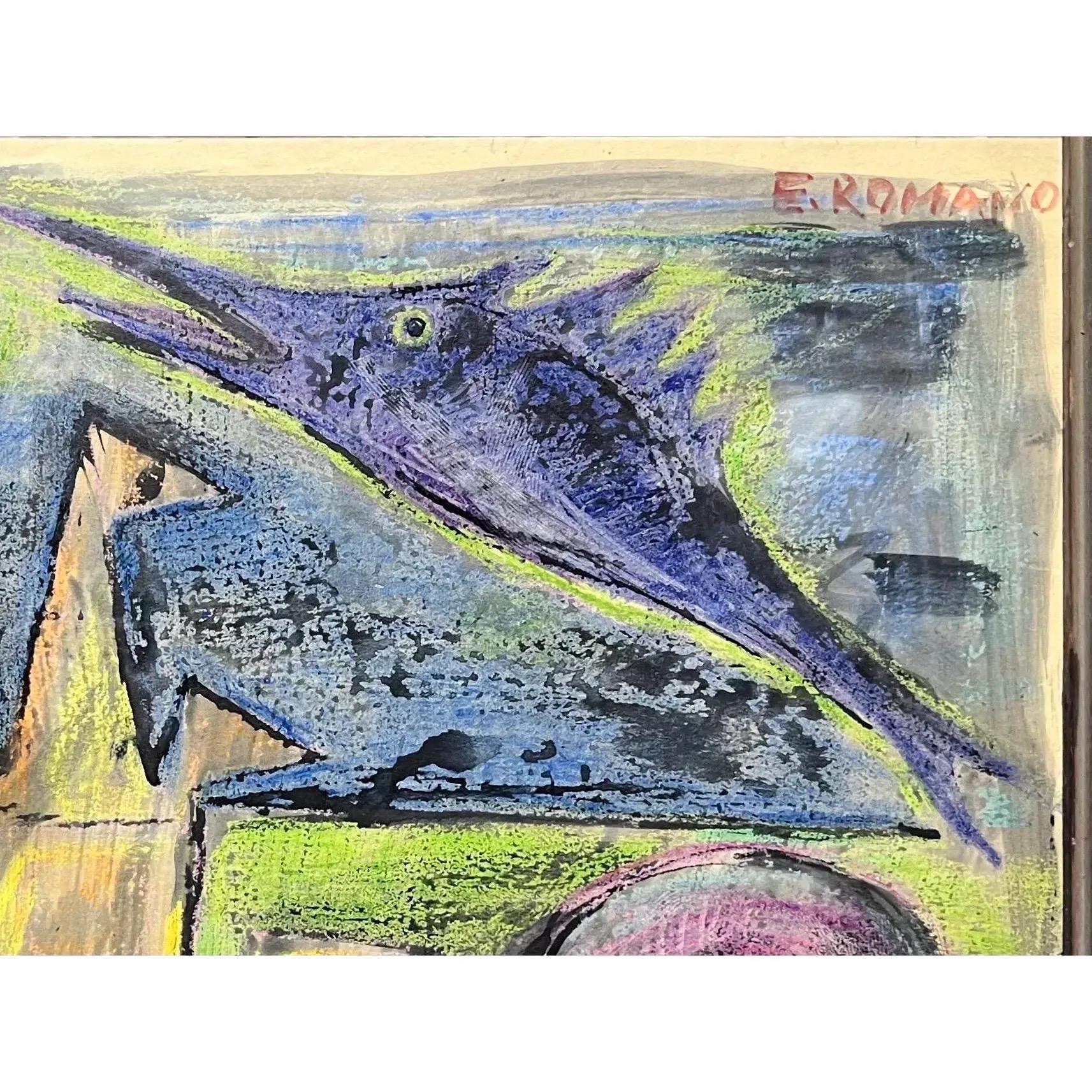 Un bodegón de técnica mixta del artista cotizado E.Romano. El fuerte uso del color y las líneas simplistas son coherentes con la obra de Romano, pero este bodegón es una desviación de su típico estilo primitivo. Firmado en la parte superior derecha.