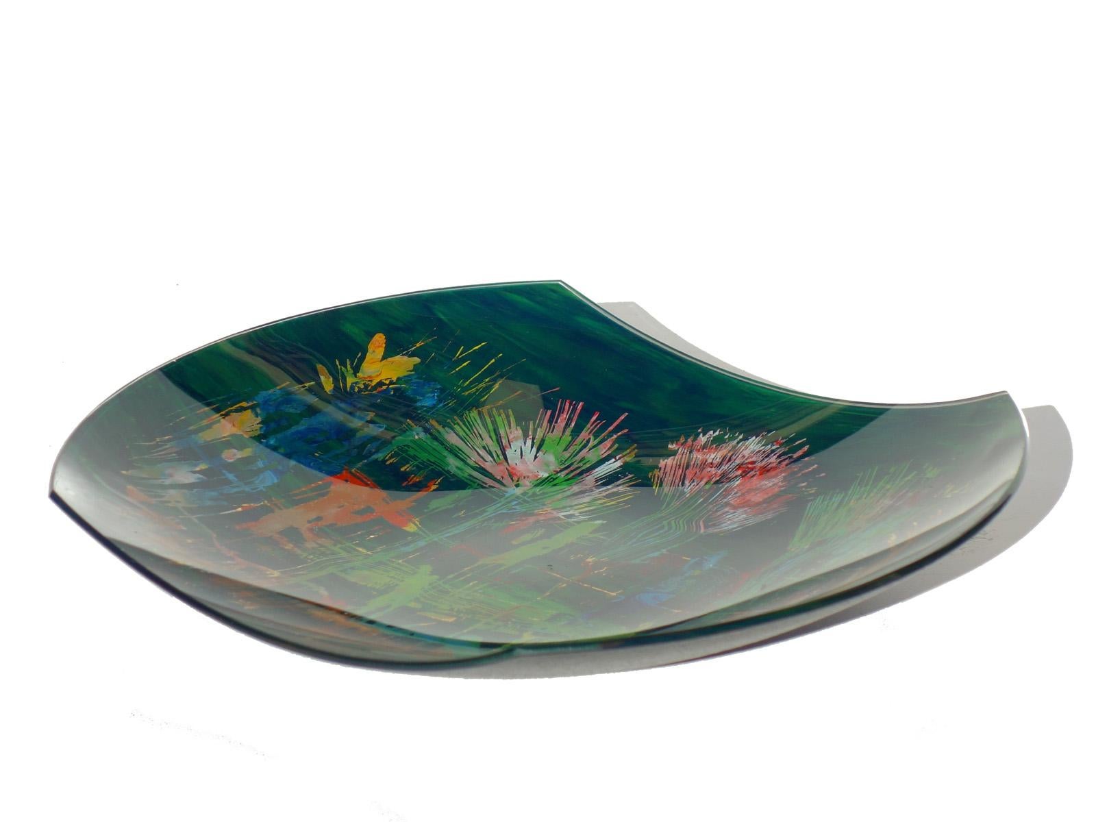 Painted 1950s Erwin Burger Abstract Paint Curved Crystal Glass Italian Midcentury Plate For Sale