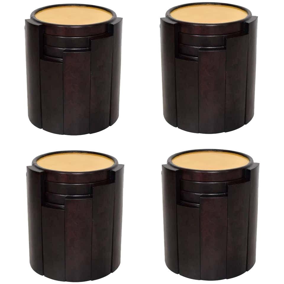 Nesting Tables
Set of 4 Nesting Tables in the manner of Eugenio Escudero, Mexican Modernist designed, Mexico 1950s.
Round Nesting tables in wood with patinated leather and goatskin.
Unmarked
First 20