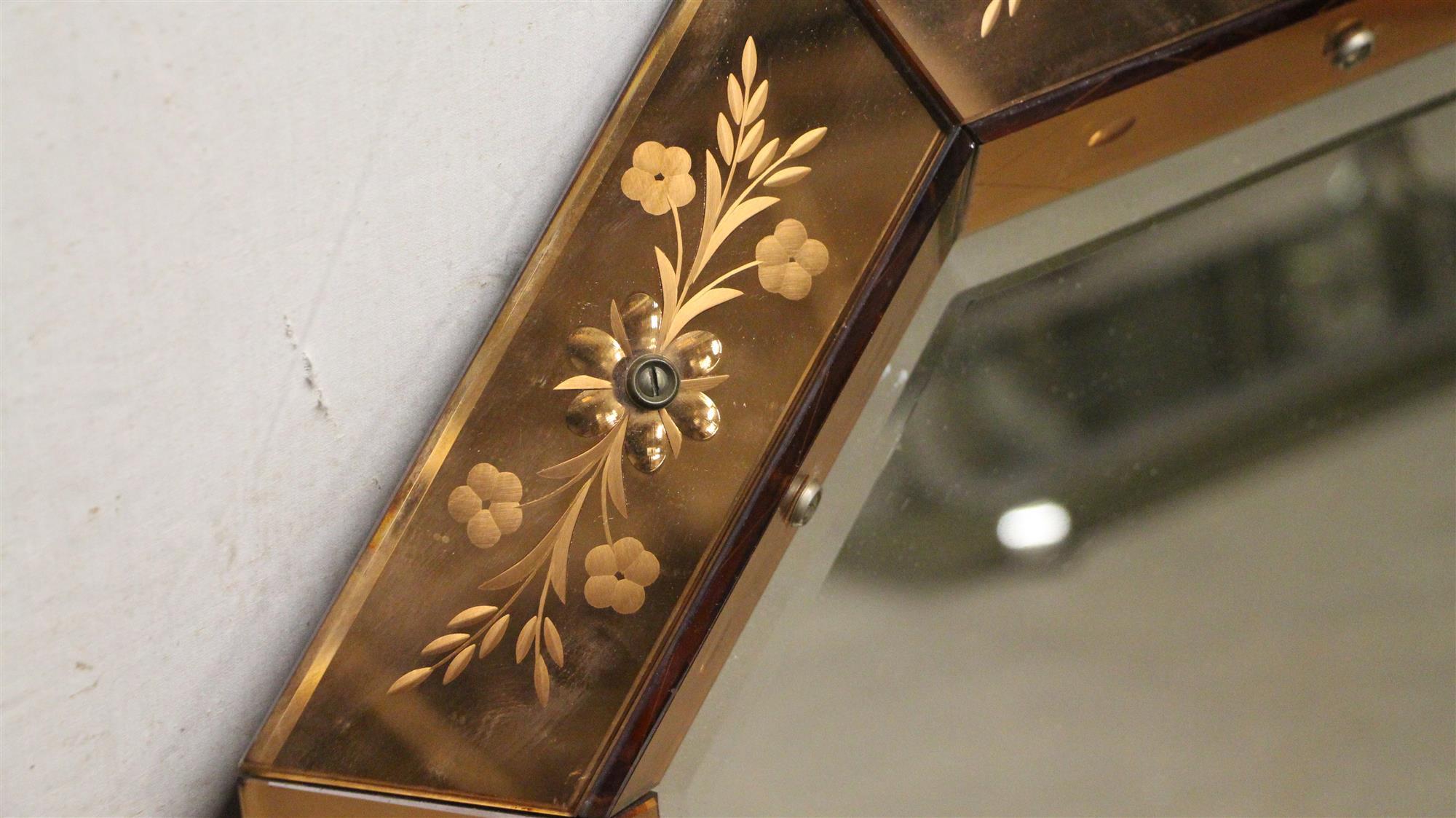 French 1950s Etched and Beveled Mirror with Floral Details and Copper Tone Frame