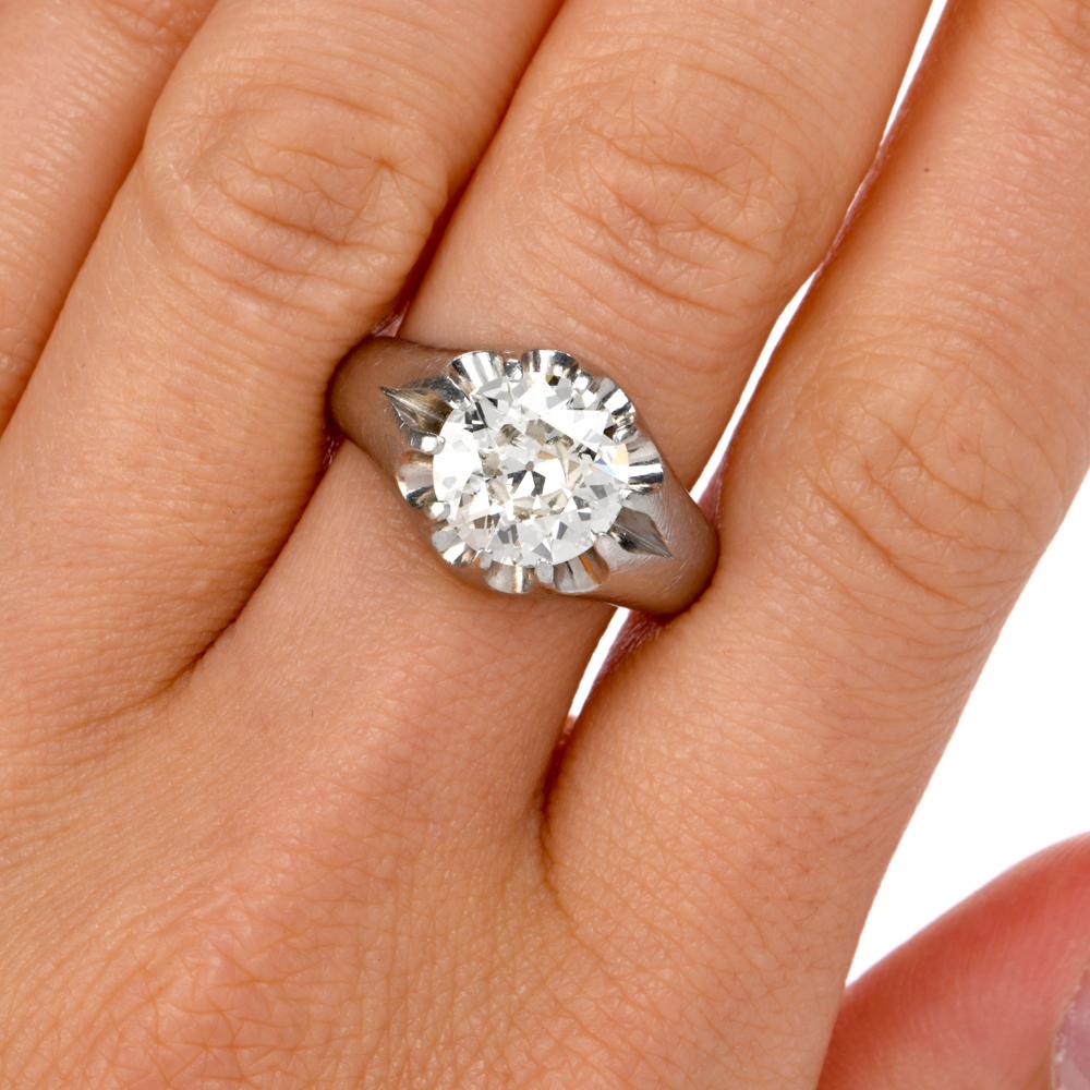 This gypsy diamond ring is crafted in solid platinum. Exhibiting a prominently centered prong-set large round european-cut diamond weighing approximately, 2.90 carats, graded I-J color and VS clarity, (face is above 3.50 carats). This ring weighs