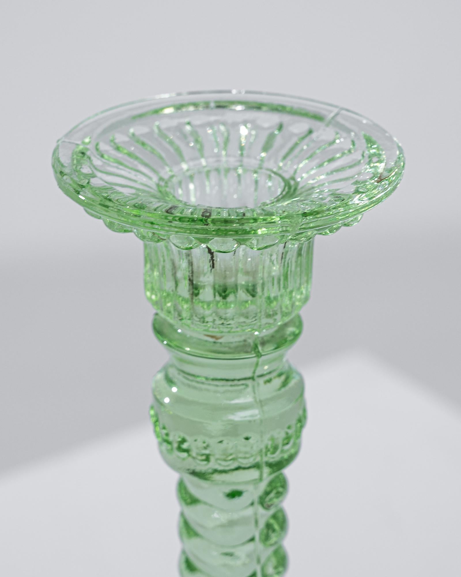 1950s European Green Glass Candlestick In Good Condition For Sale In High Point, NC