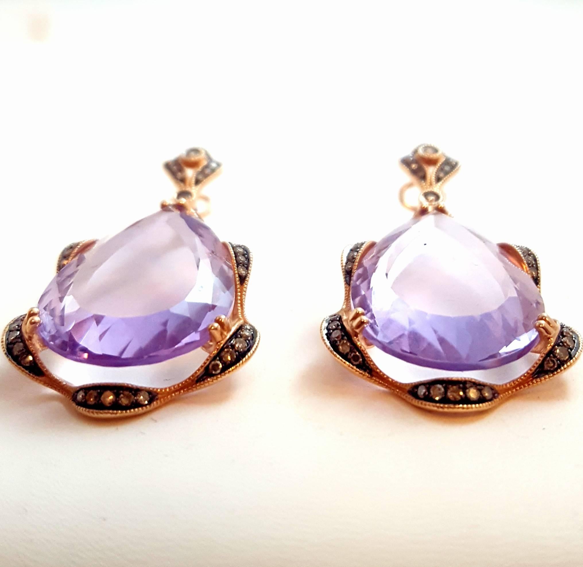 Artisan 1950s European Made 14 Karat Rose Gold Diamond and Amethyst Pierced Earrings