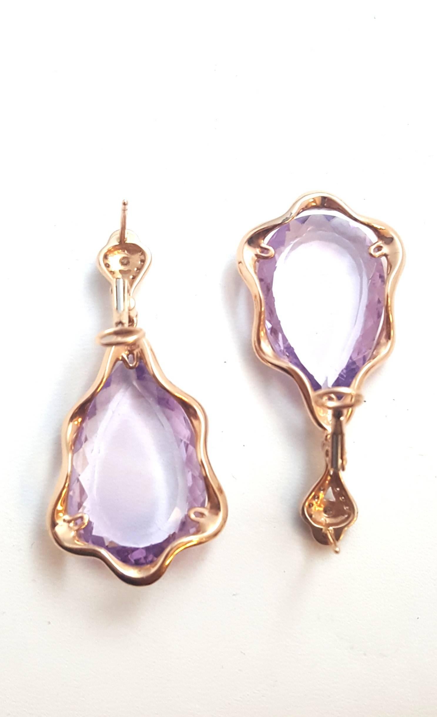 1950s European Made 14 Karat Rose Gold Diamond and Amethyst Pierced Earrings In Excellent Condition In Palm Beach, FL
