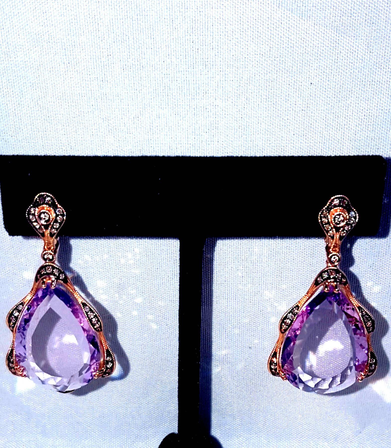 Women's 1950s European Made 14 Karat Rose Gold Diamond and Amethyst Pierced Earrings