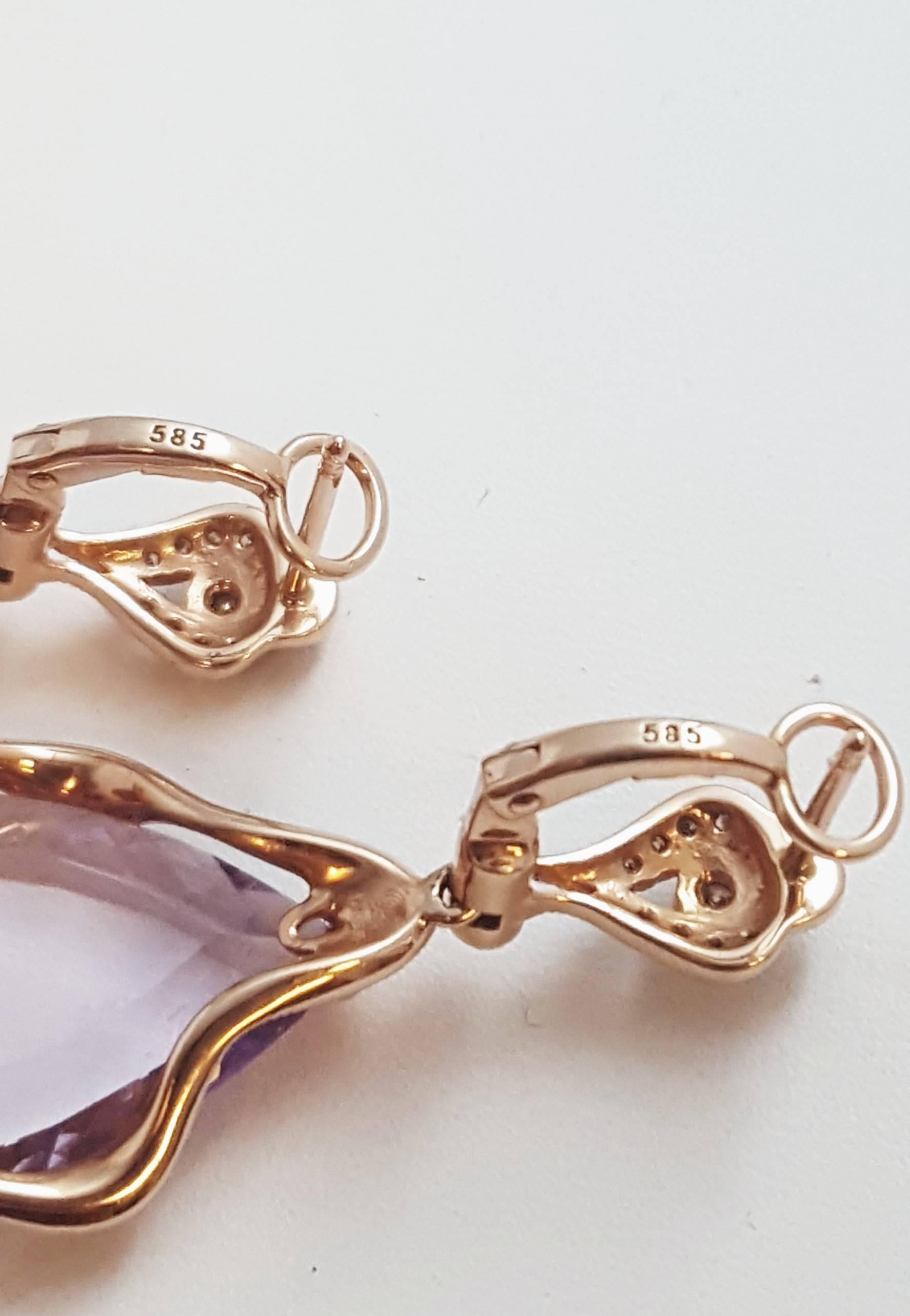 1950s European Made 14 Karat Rose Gold Diamond and Amethyst Pierced Earrings 3