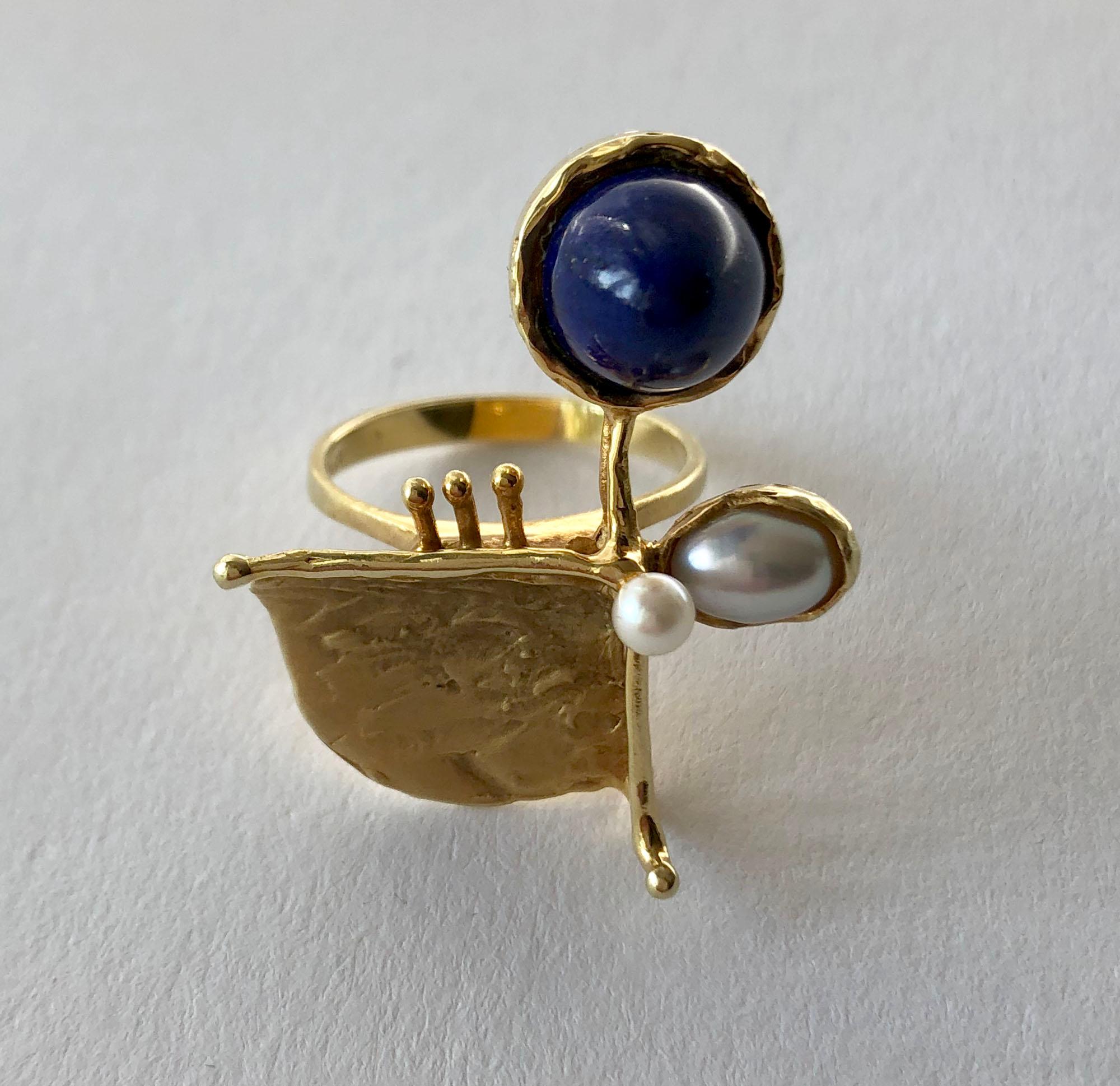 Cabochon 1950s European Modernist 14ct Gold Lapis Lazuli Pearl Ring
