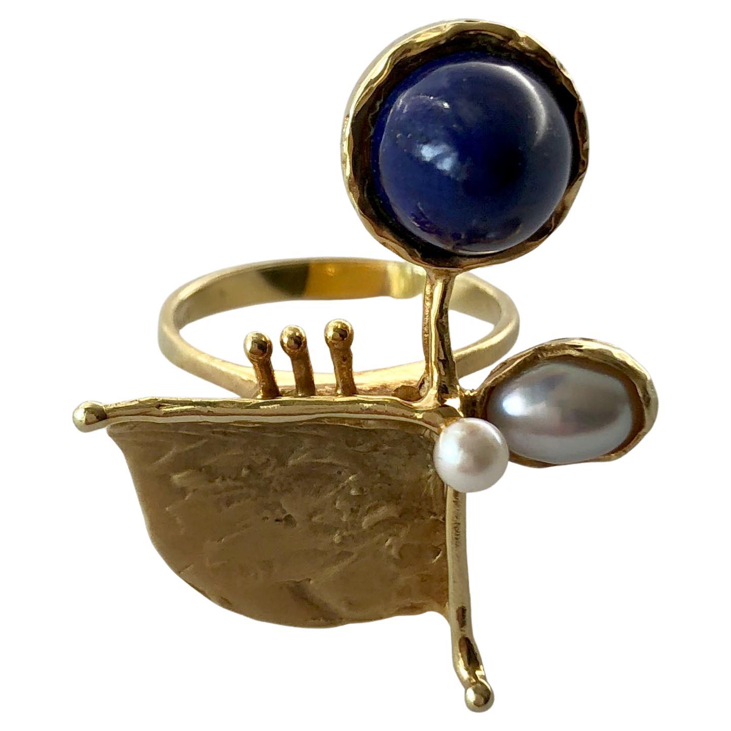 1950s European Modernist 14ct Gold Lapis Lazuli Pearl Ring For Sale