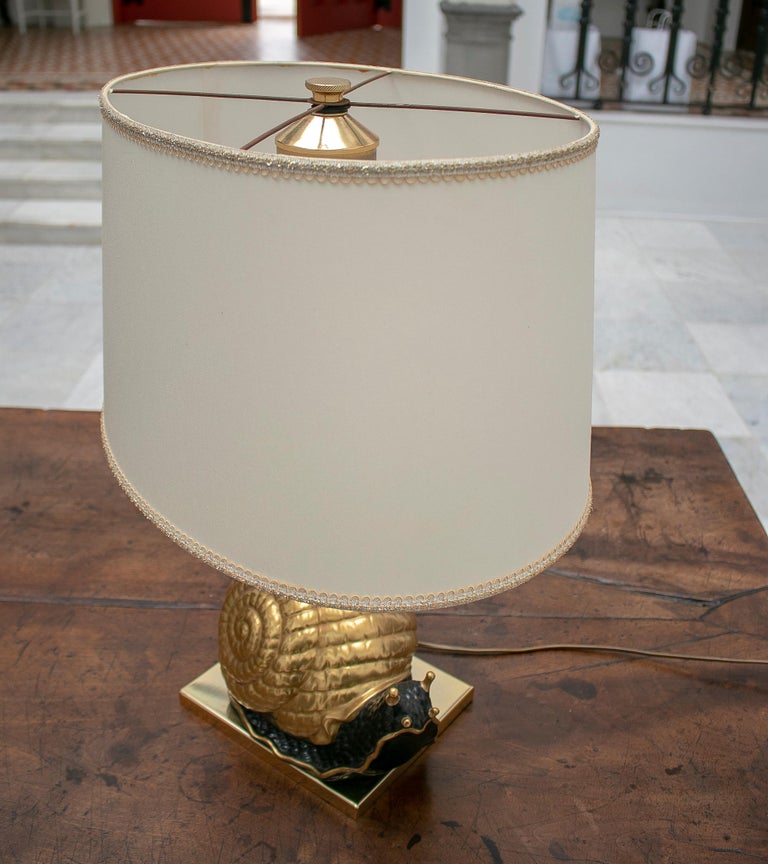 1950s European Snail Shaped Terracotta Lamp with Bronze Base and Shade For Sale 8