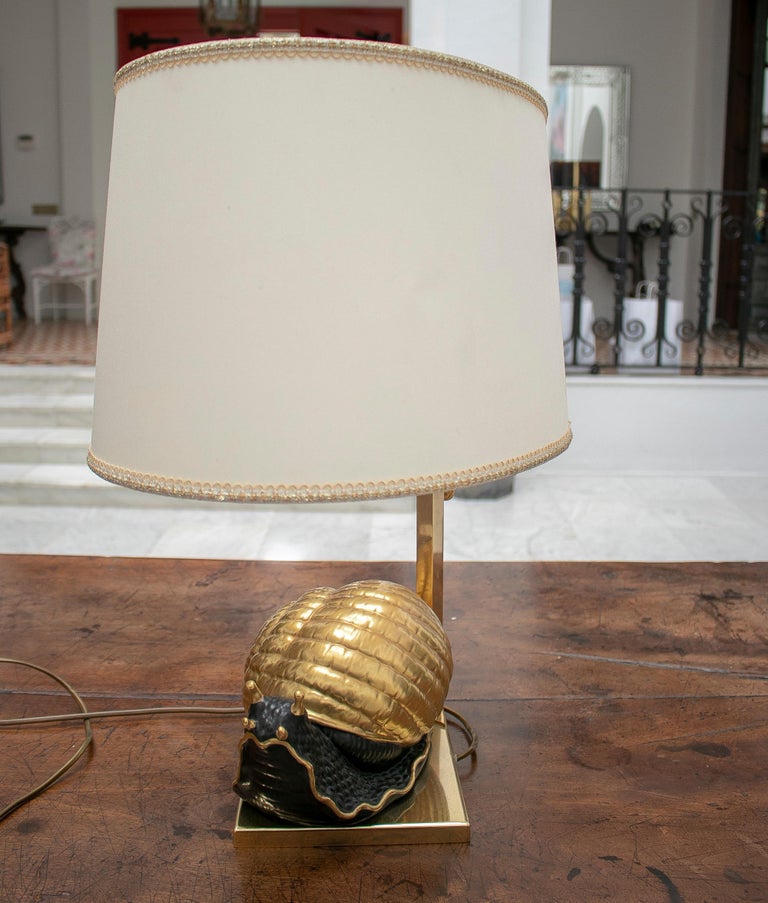 20th Century 1950s European Snail Shaped Terracotta Lamp with Bronze Base and Shade For Sale