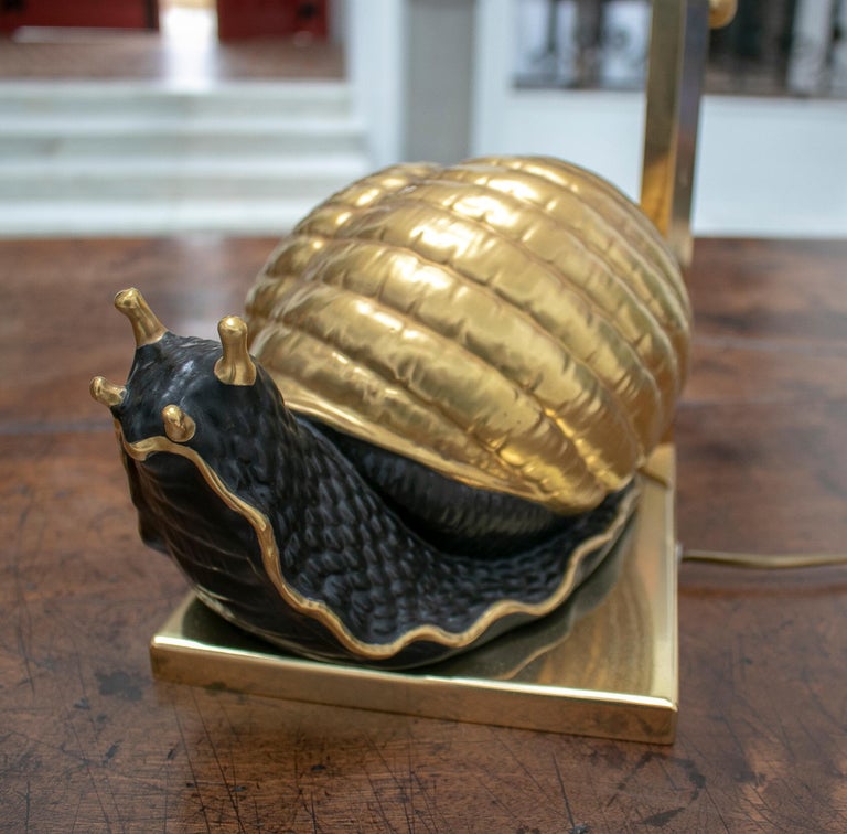 1950s European Snail Shaped Terracotta Lamp with Bronze Base and Shade For Sale 3