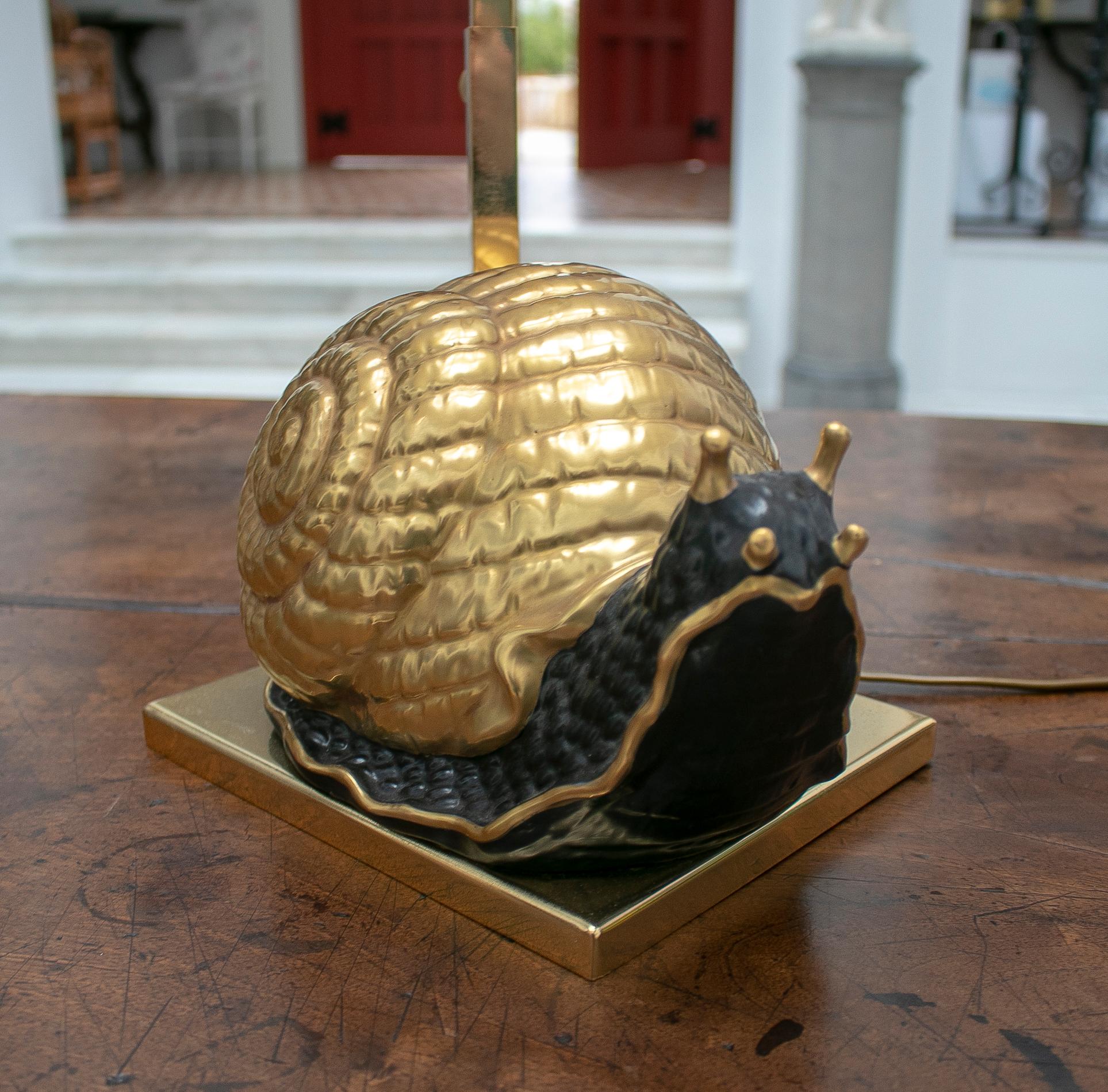 1950s European Snail Shaped Terracotta Lamp with Bronze Base and Shade For Sale 1