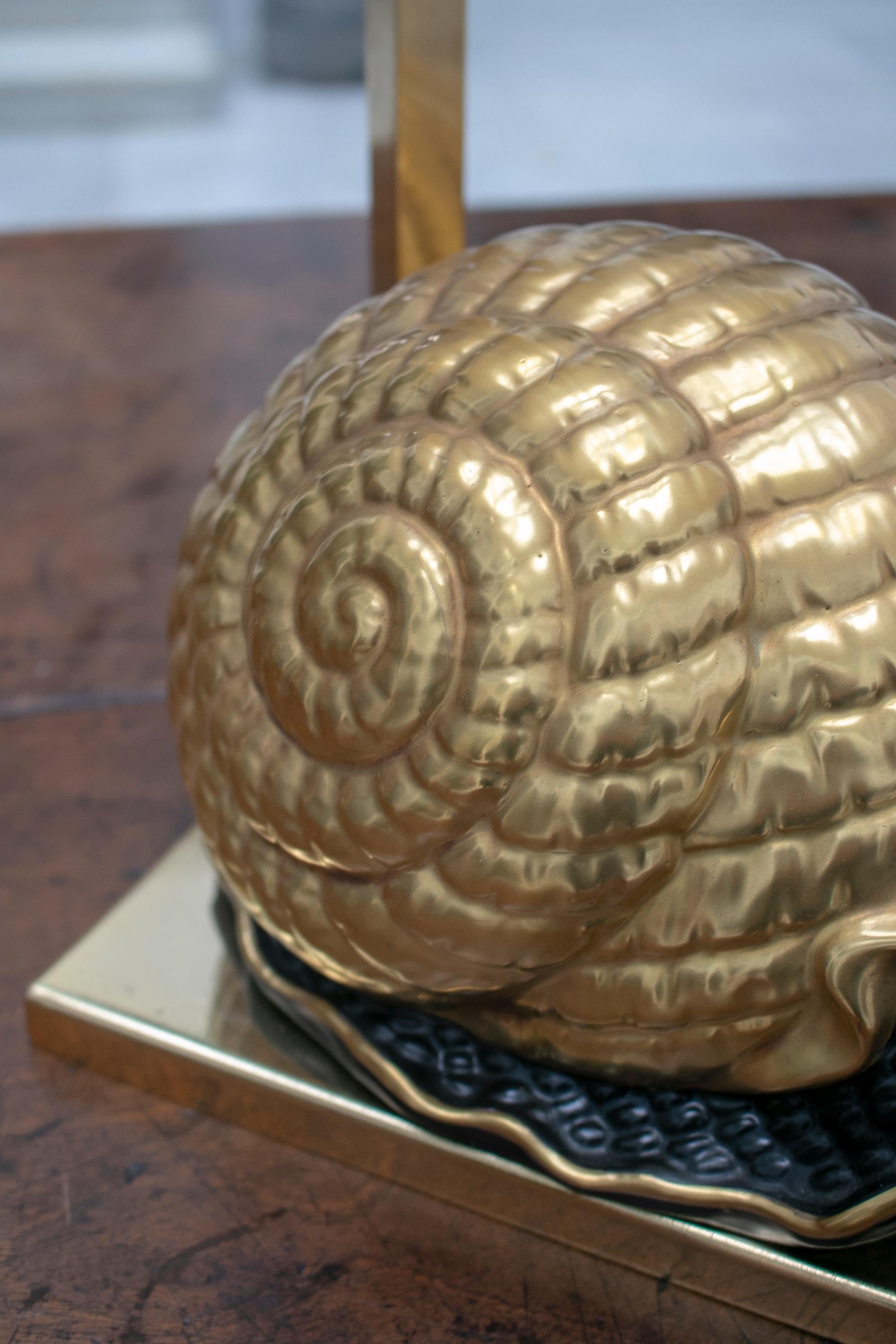 1950s European Snail Shaped Terracotta Lamp with Bronze Base and Shade For Sale 2