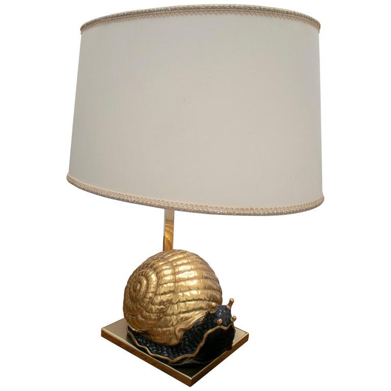 1950s European Snail Shaped Terracotta Lamp with Bronze Base and Shade For Sale