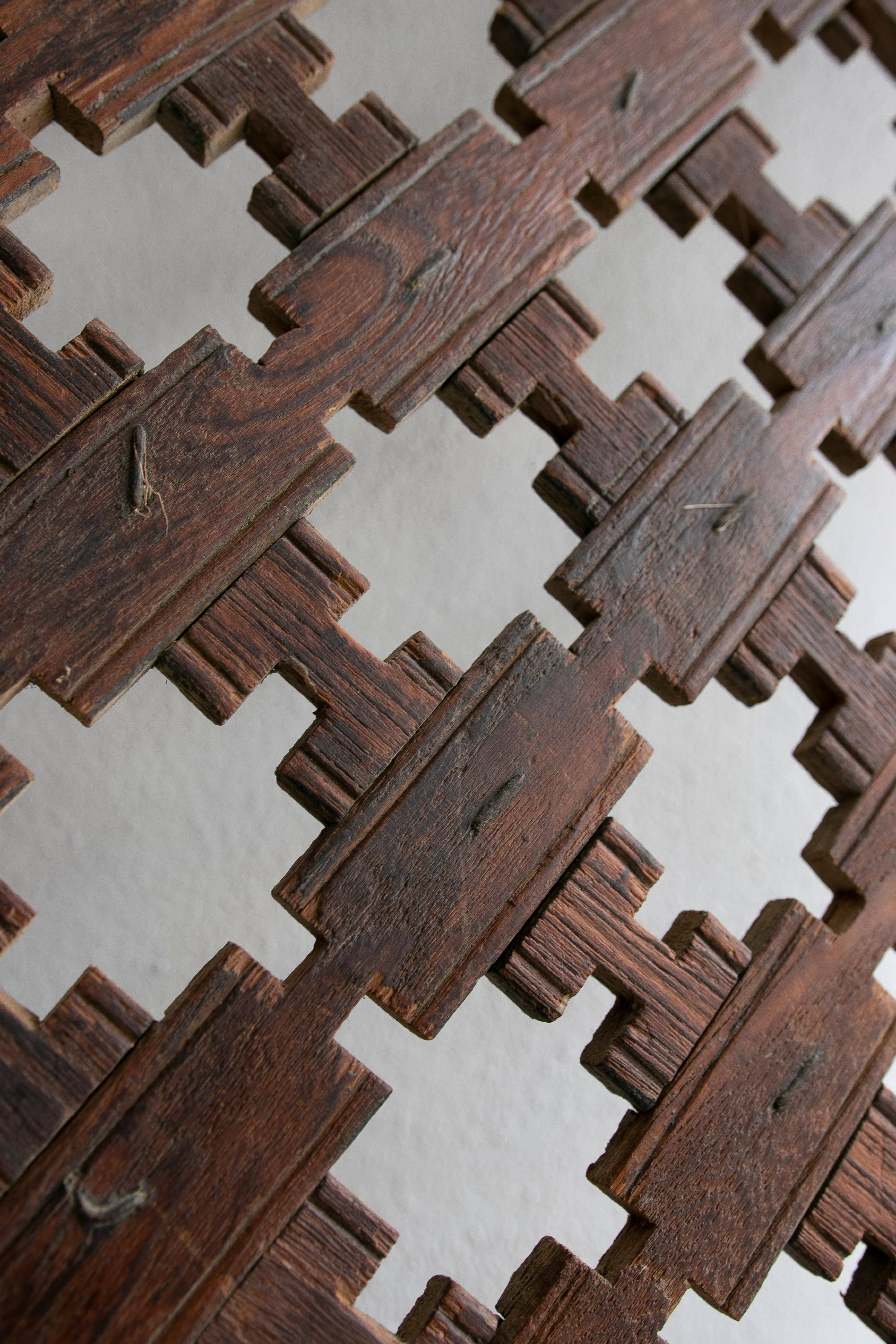 1950s European Wooden Geometric Latticework Screen w/ Iron Joined Woven Strips  For Sale 8