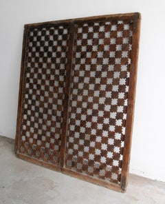 1950s European Wooden Geometric Latticework Screen w/ Iron Joined Woven Strips
