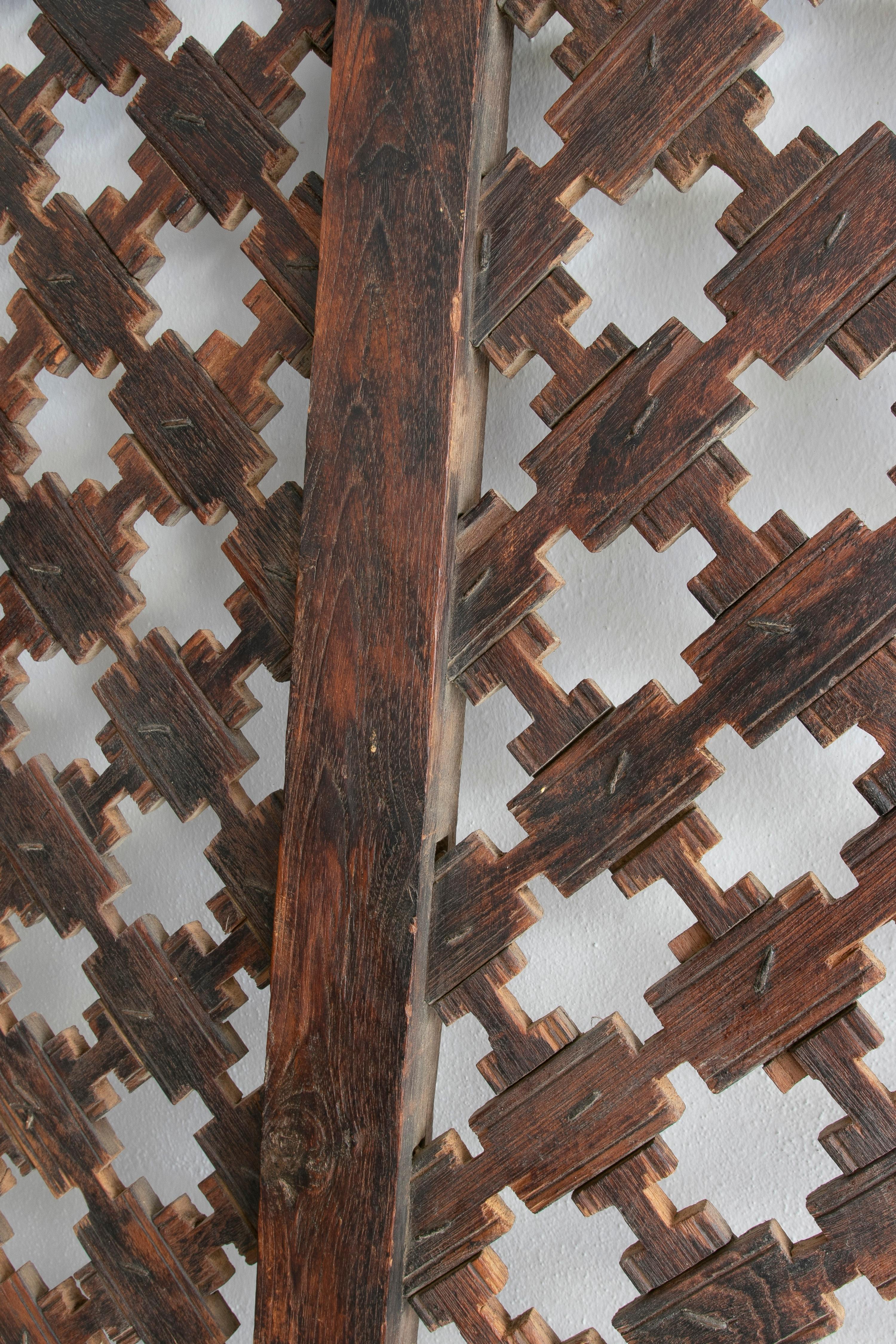 20th Century 1950s European Wooden Geometric Latticework Screen w/ Iron Joined Woven Strips  For Sale
