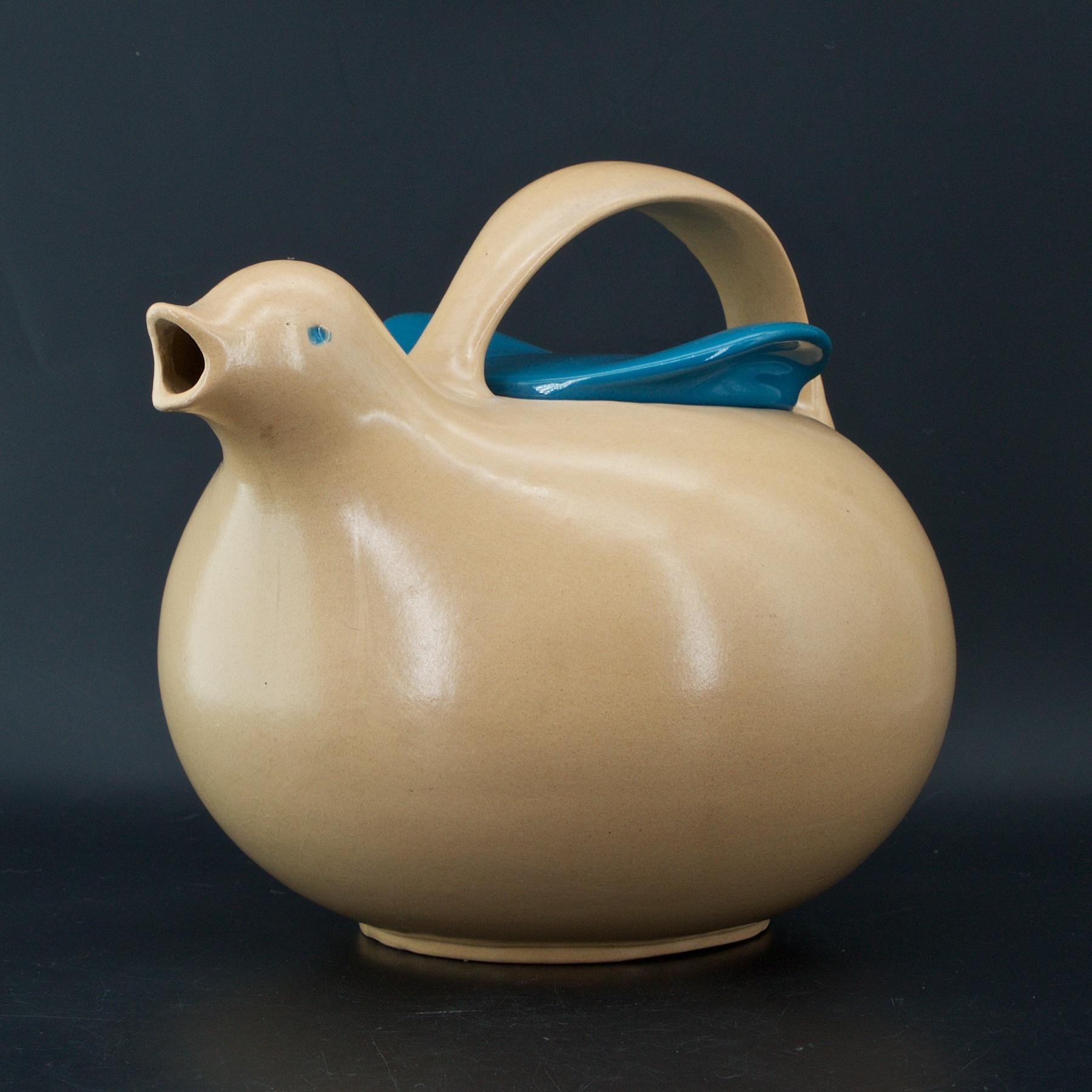 Early design, whimsical! A bird-form teapot with winged lid, Monmouth Pottery, via Pine Stoneware or Western Stoneware Company in Monmouth, Illinois. c.1953/1954. Unmarked. Reference; Scott Vermillion, “Eva Zeisel Stoneware and Ironstone.” in Eva
