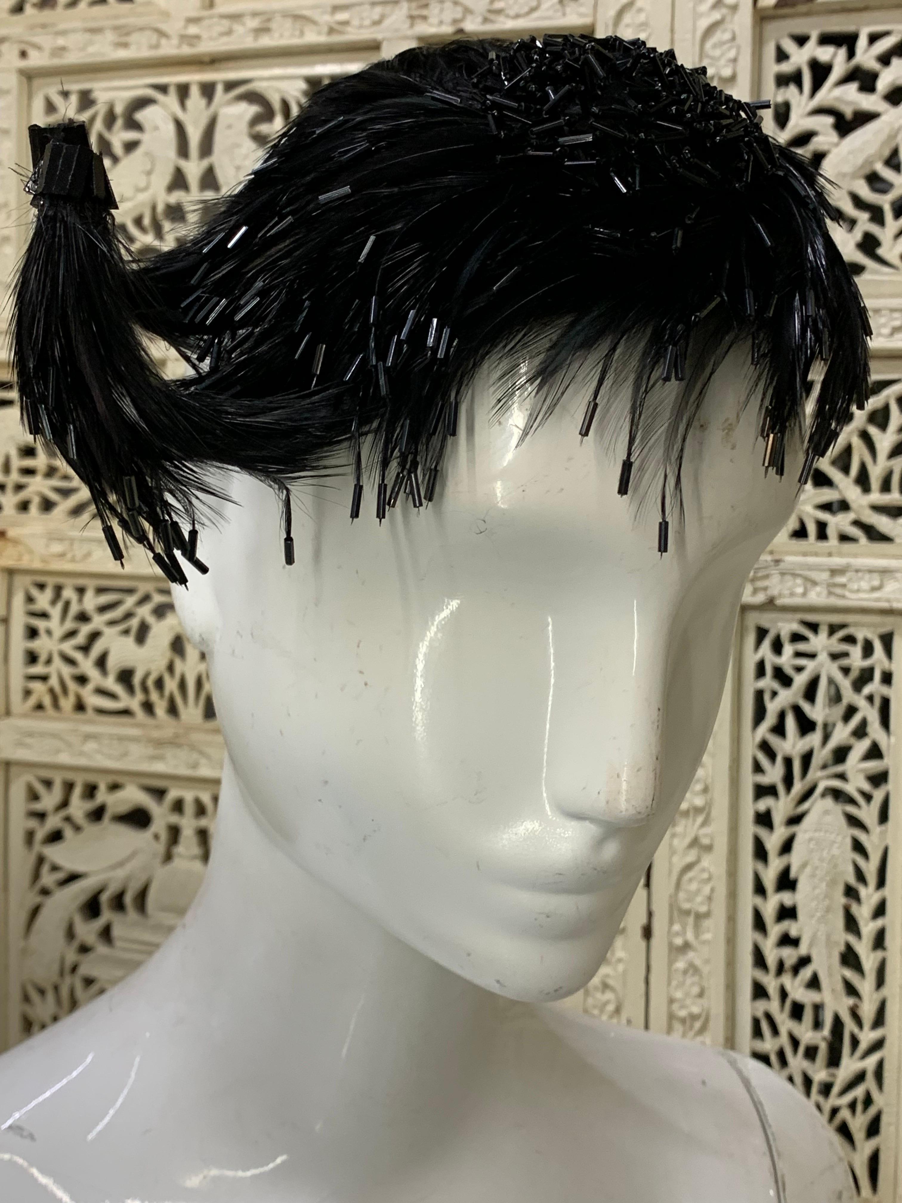 1950s Evelyn - Chicago Unique Black Feather & Bugle Beaded Cocktail Hat  For Sale 6