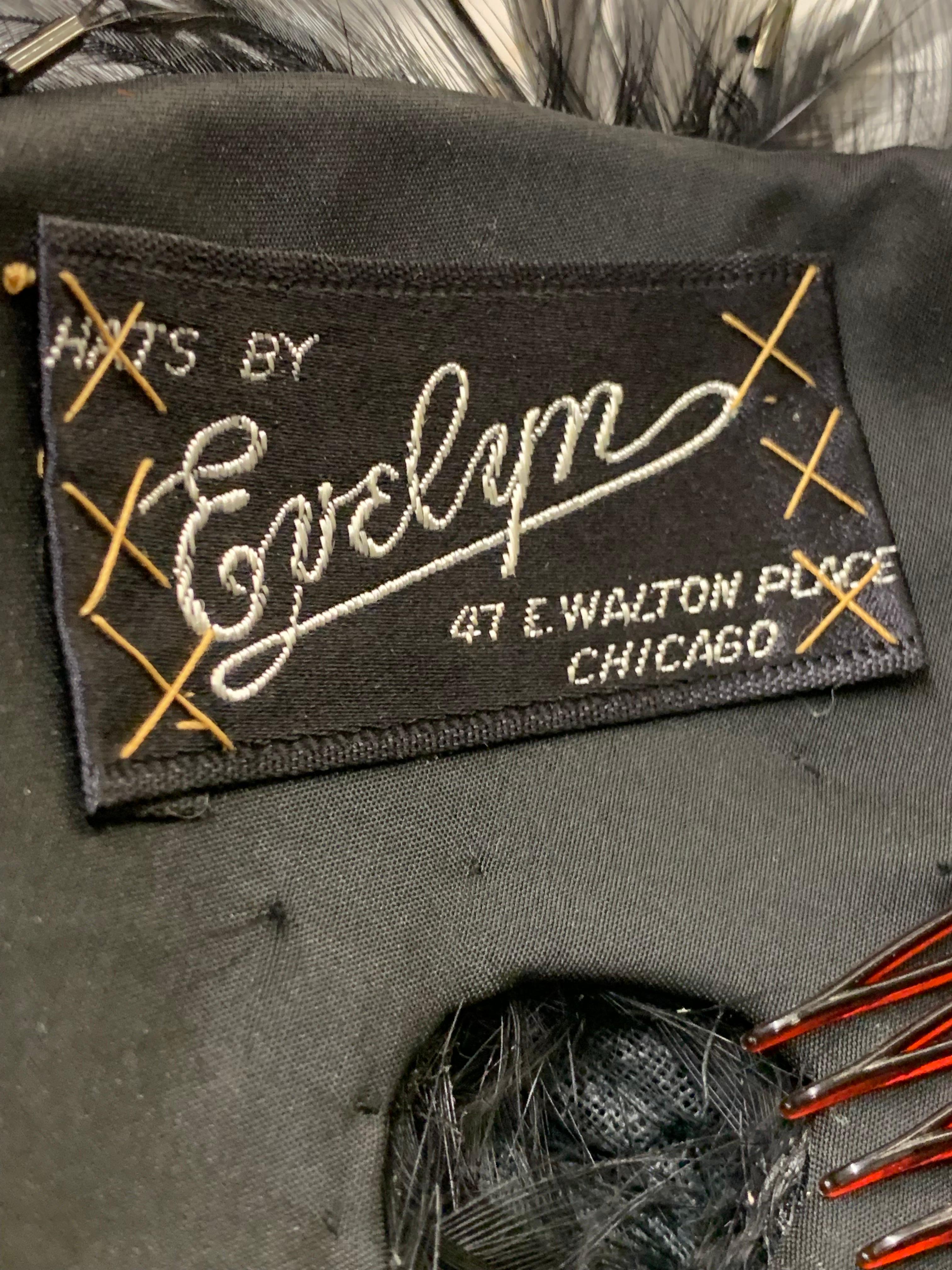 1950s Evelyn - Chicago Unique Black Feather & Bugle Beaded Cocktail Hat  Excellent état - En vente à Gresham, OR