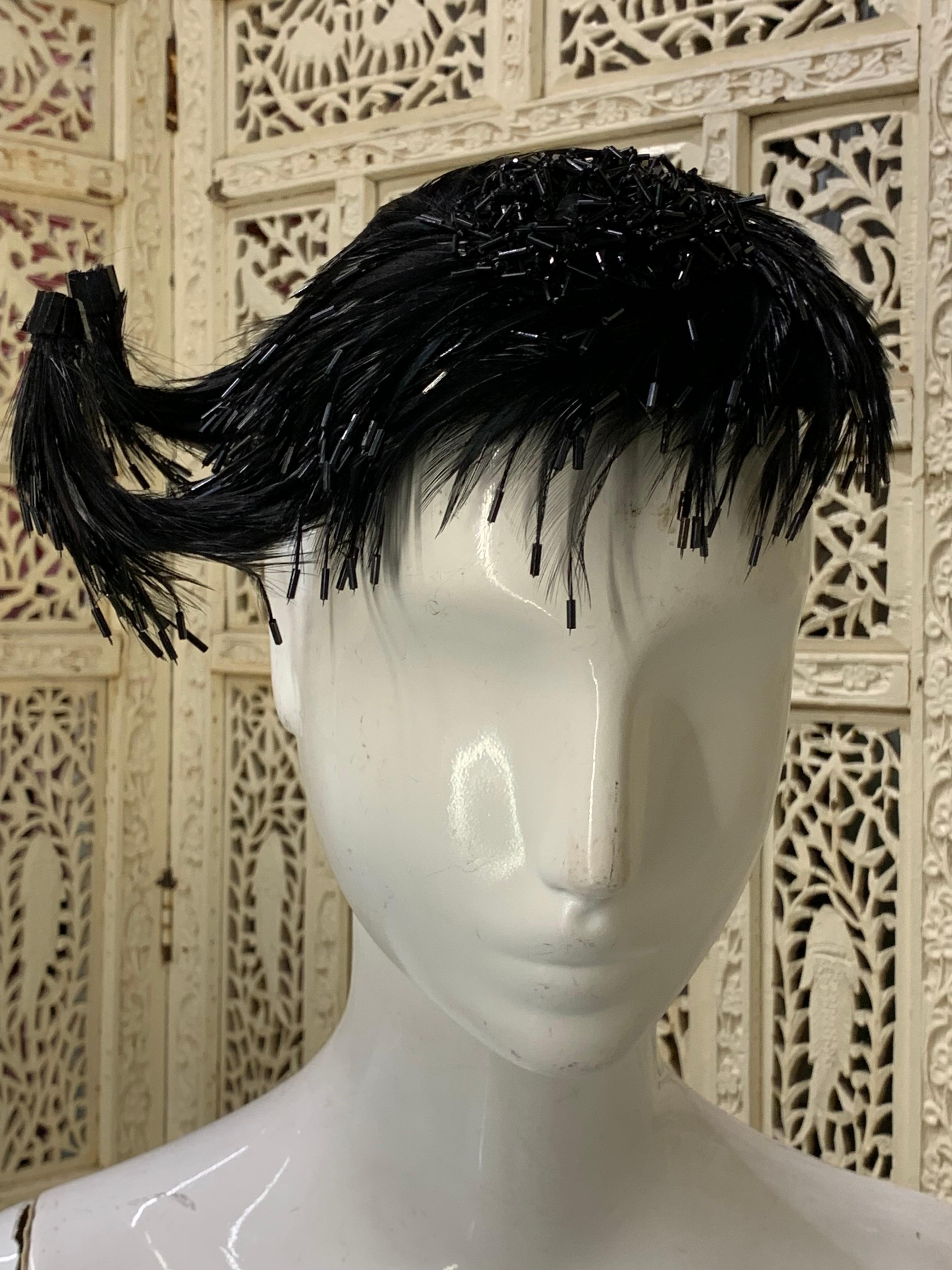 1950s Evelyn - Chicago Unique Black Feather & Bugle Beaded Cocktail Hat  For Sale 1
